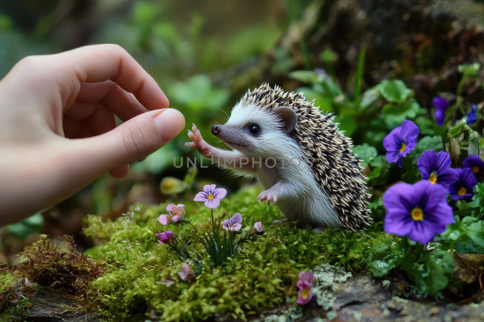 A hand is feeding a baby hedgehog in a garden. The hedgehog is surrounded by purple flowers, and the scene has a peaceful and calming mood