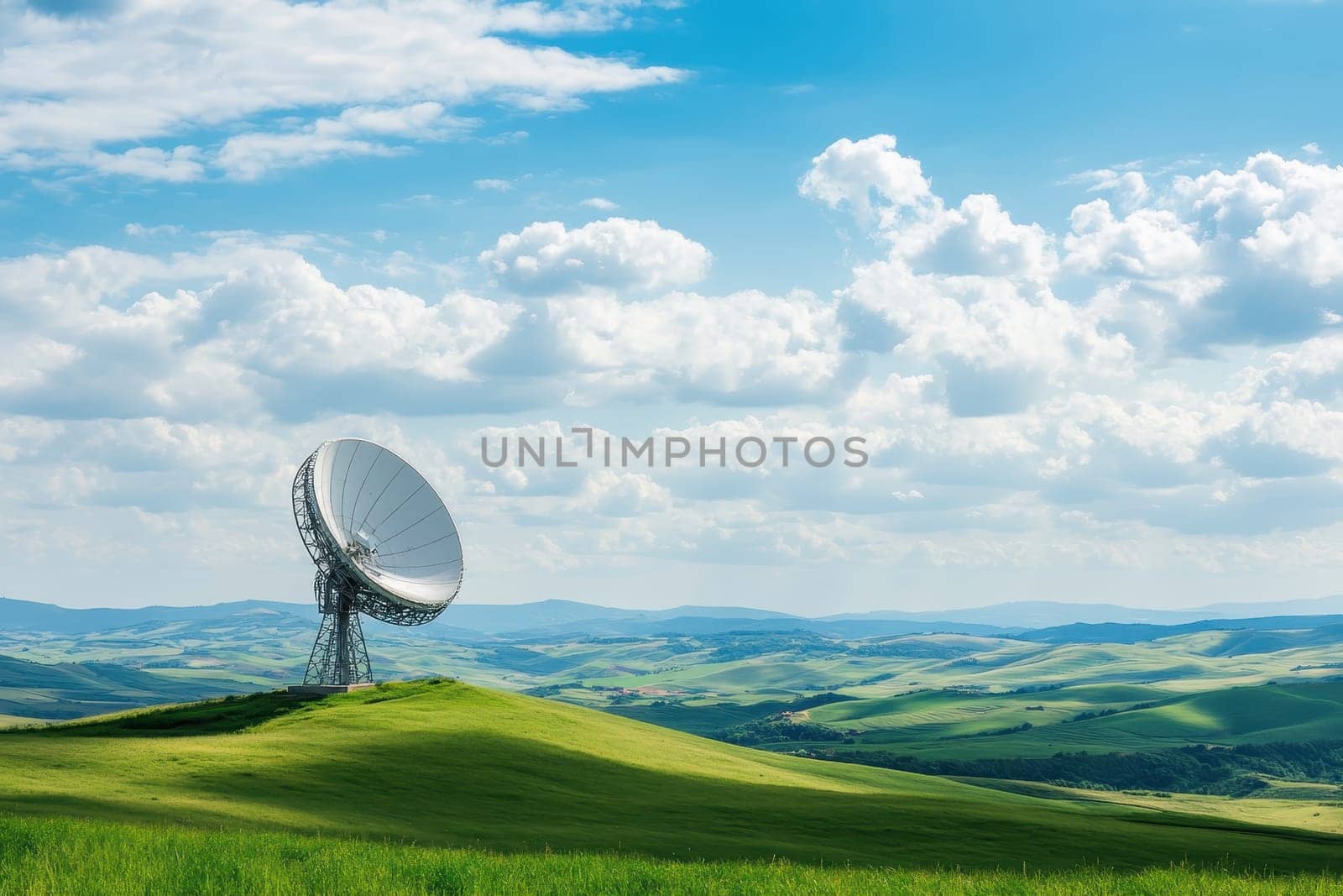 A striking satellite dish stands prominently in a vibrant green landscape, surrounded by rolling hills and a beautiful sky filled with soft clouds.