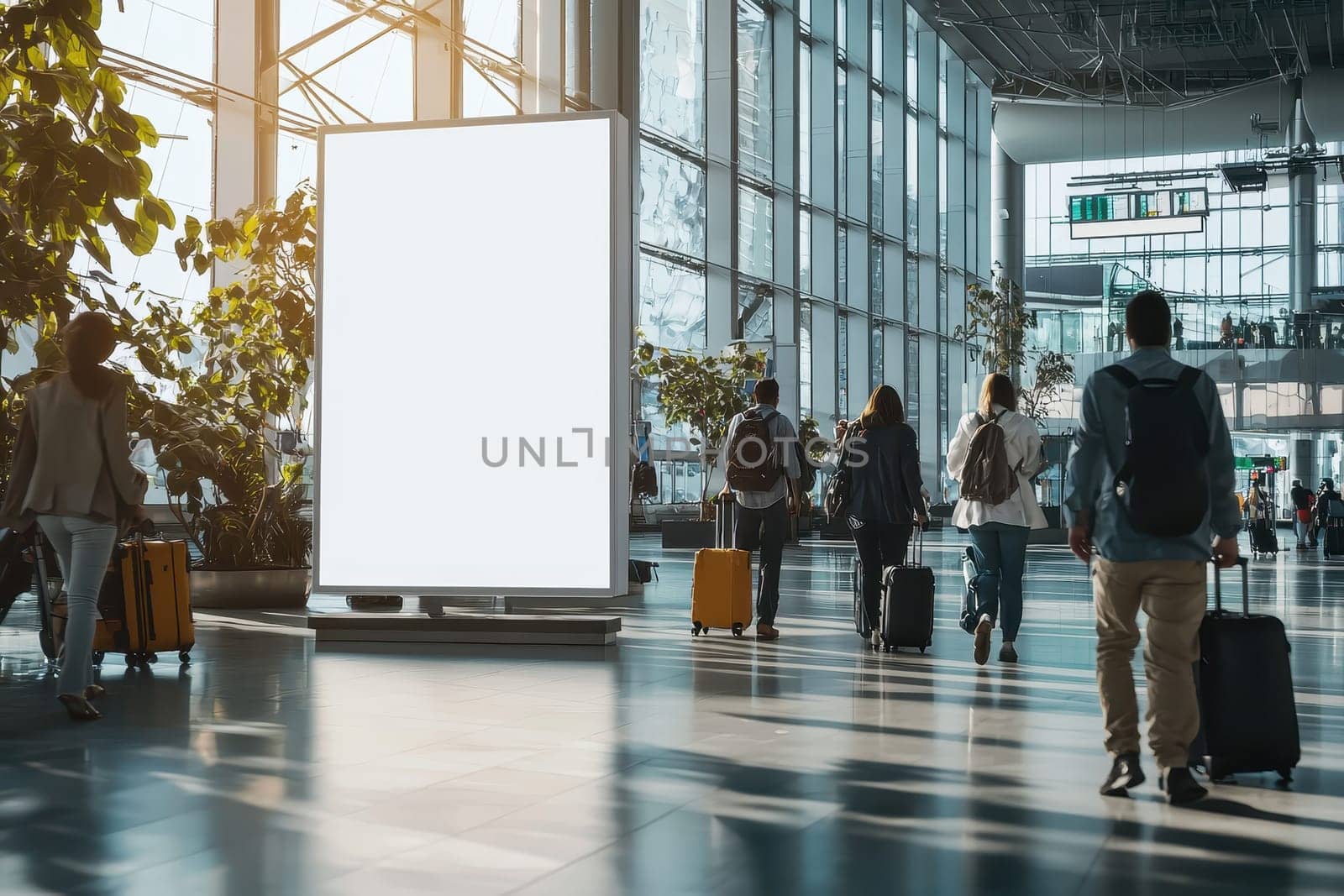 A vibrant airport terminal scene showing travelers with luggage walking towards a blank advertising display, illuminated by daylight, highlighting modern architecture and travel dynamics.