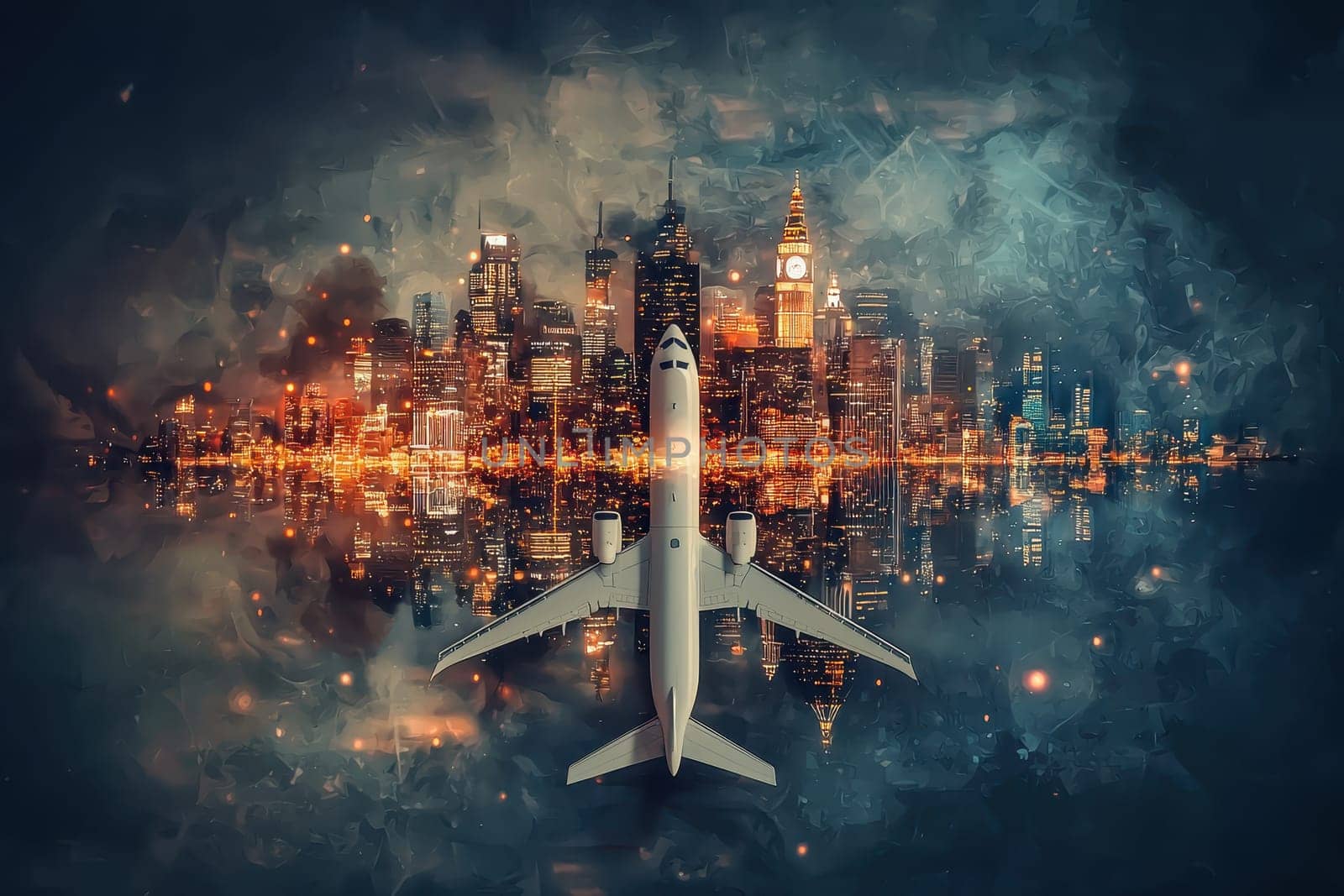 A white airplane flying over a city at night. The city is lit up with lights, creating a moody atmosphere