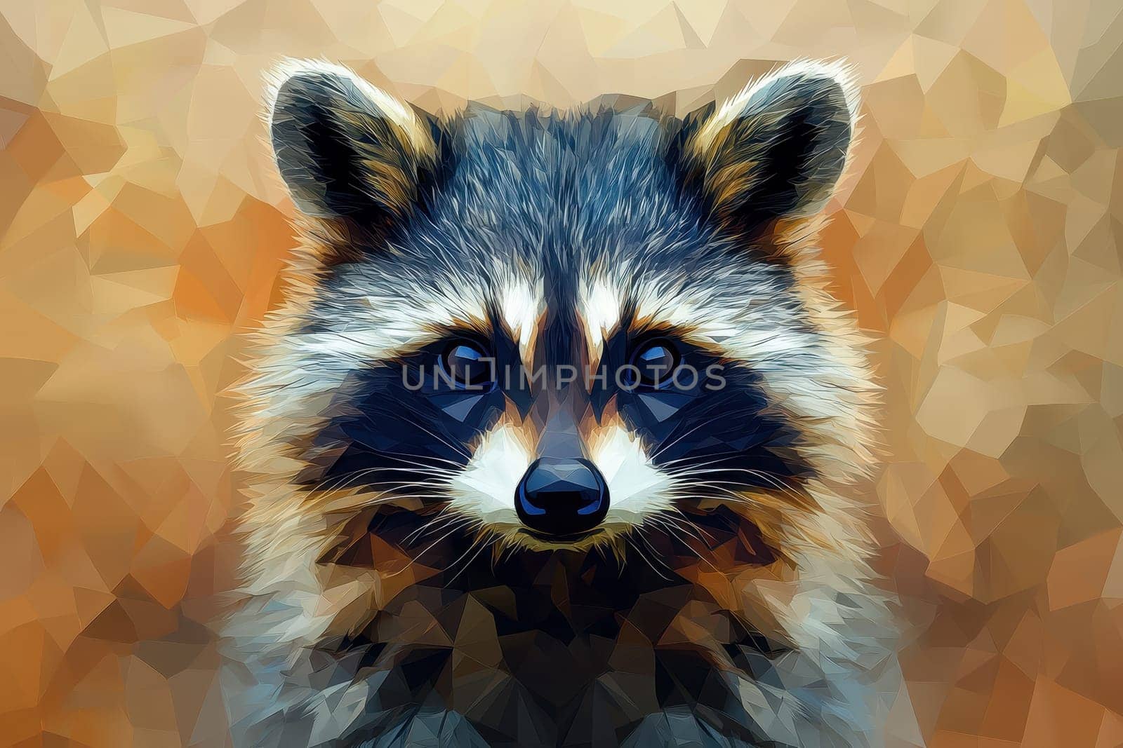 This stunning illustration features a raccoon face with a geometric pattern and vibrant colors, capturing the essence of wildlife through modern art techniques.