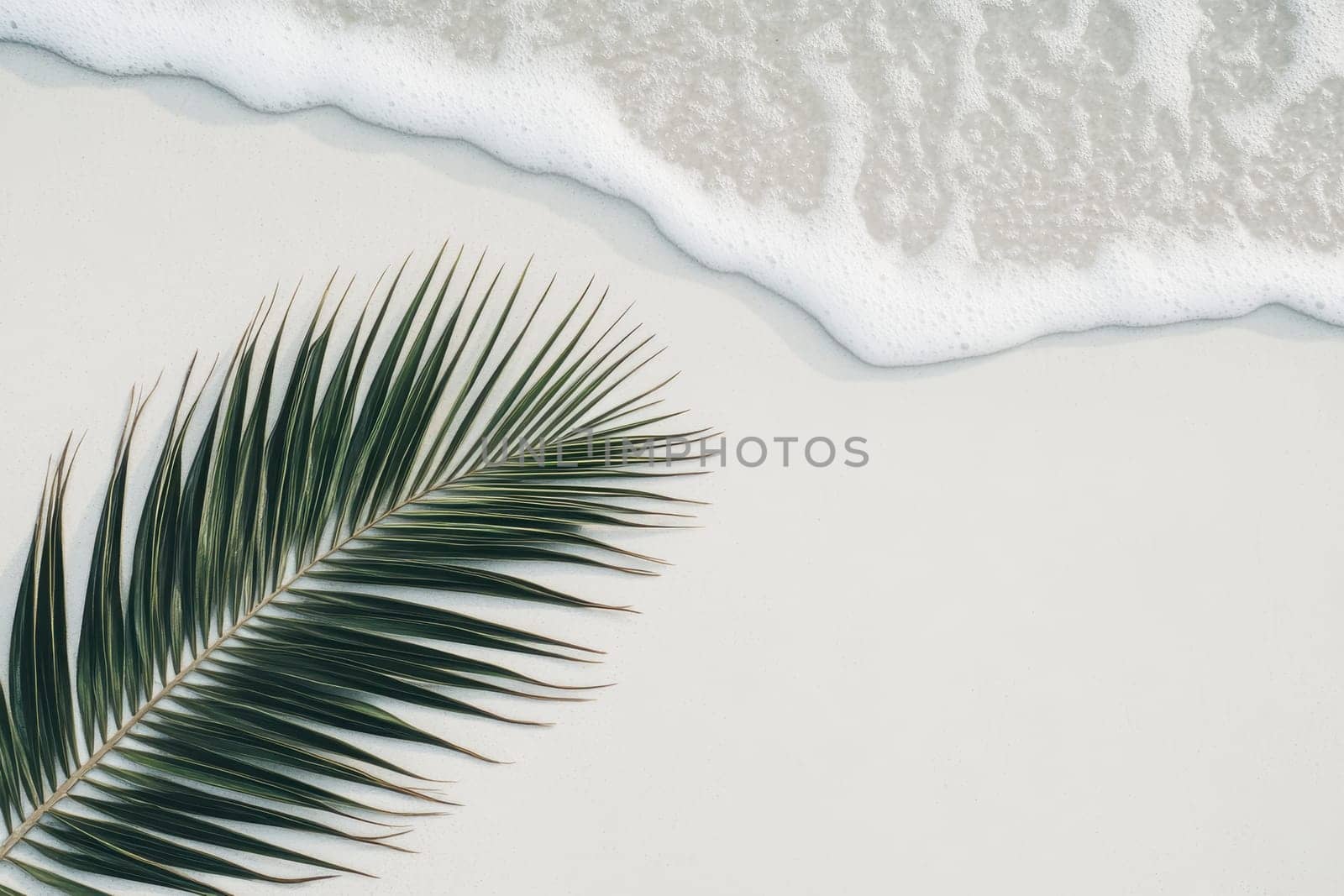 A vibrant palm leaf rests on a soft, white sand beach while gentle ocean waves create foam. This serene scene evokes relaxation and tropical beauty.