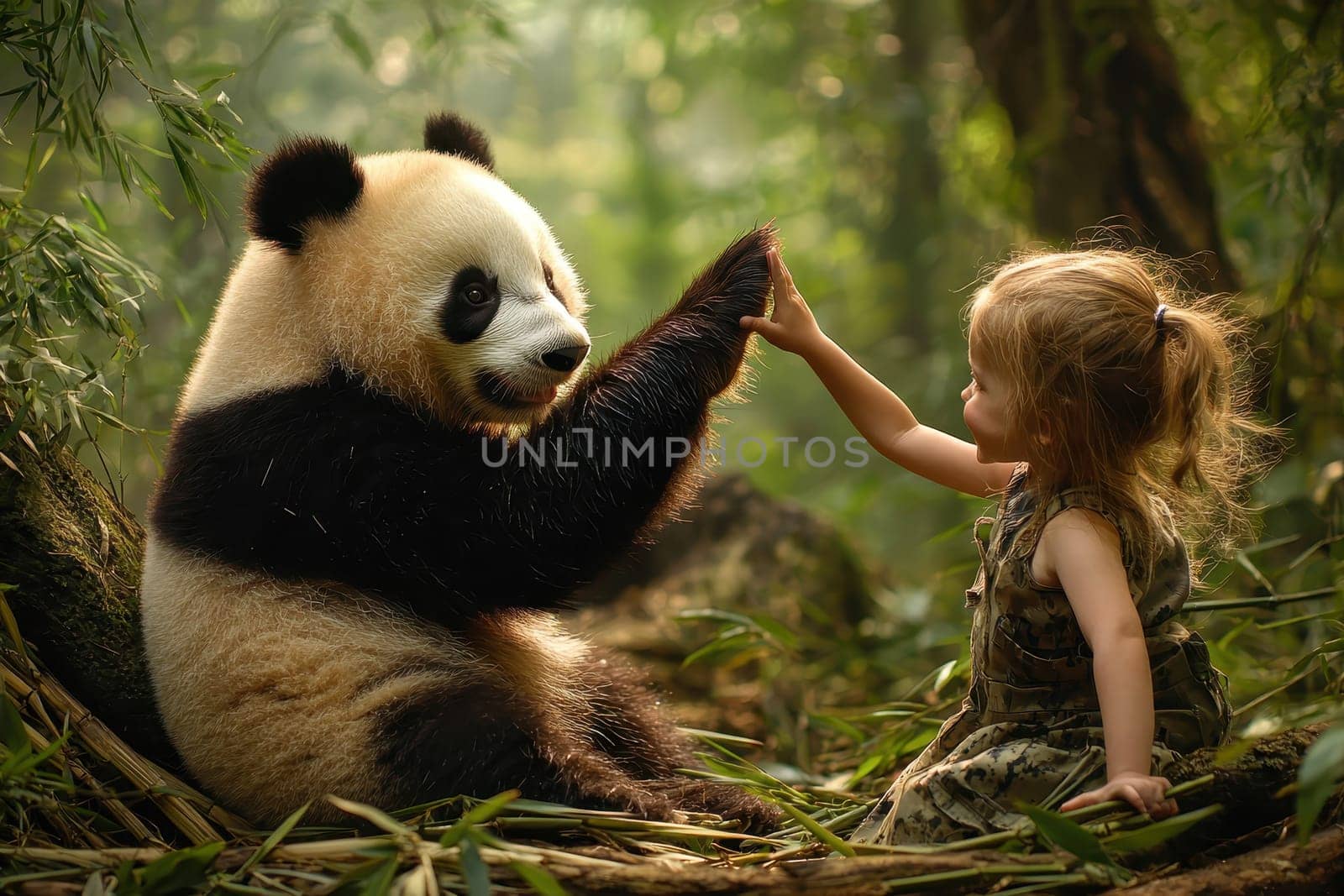 A young girl is petting a panda bear. The bear is sitting on the ground and the girl is sitting on top of it. The scene is peaceful and heartwarming