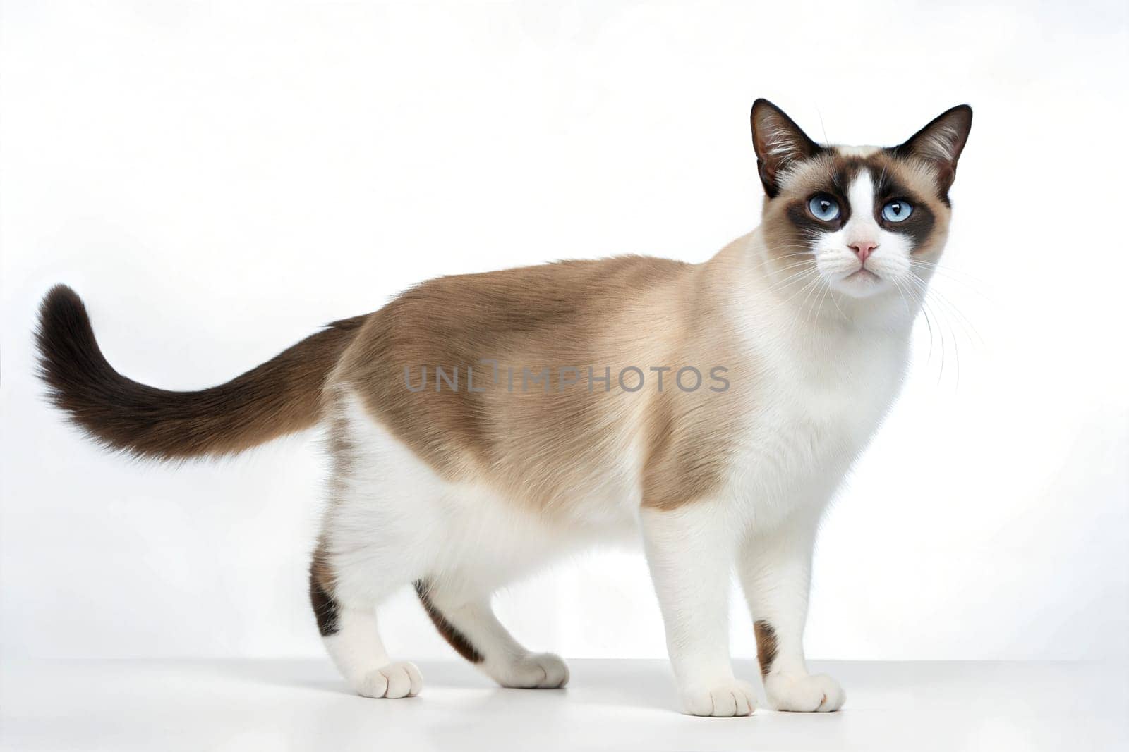 Snowshoe Cat with Blue Eyes Standing on White Background. Snowshoe Cat Portrait isolated on white.