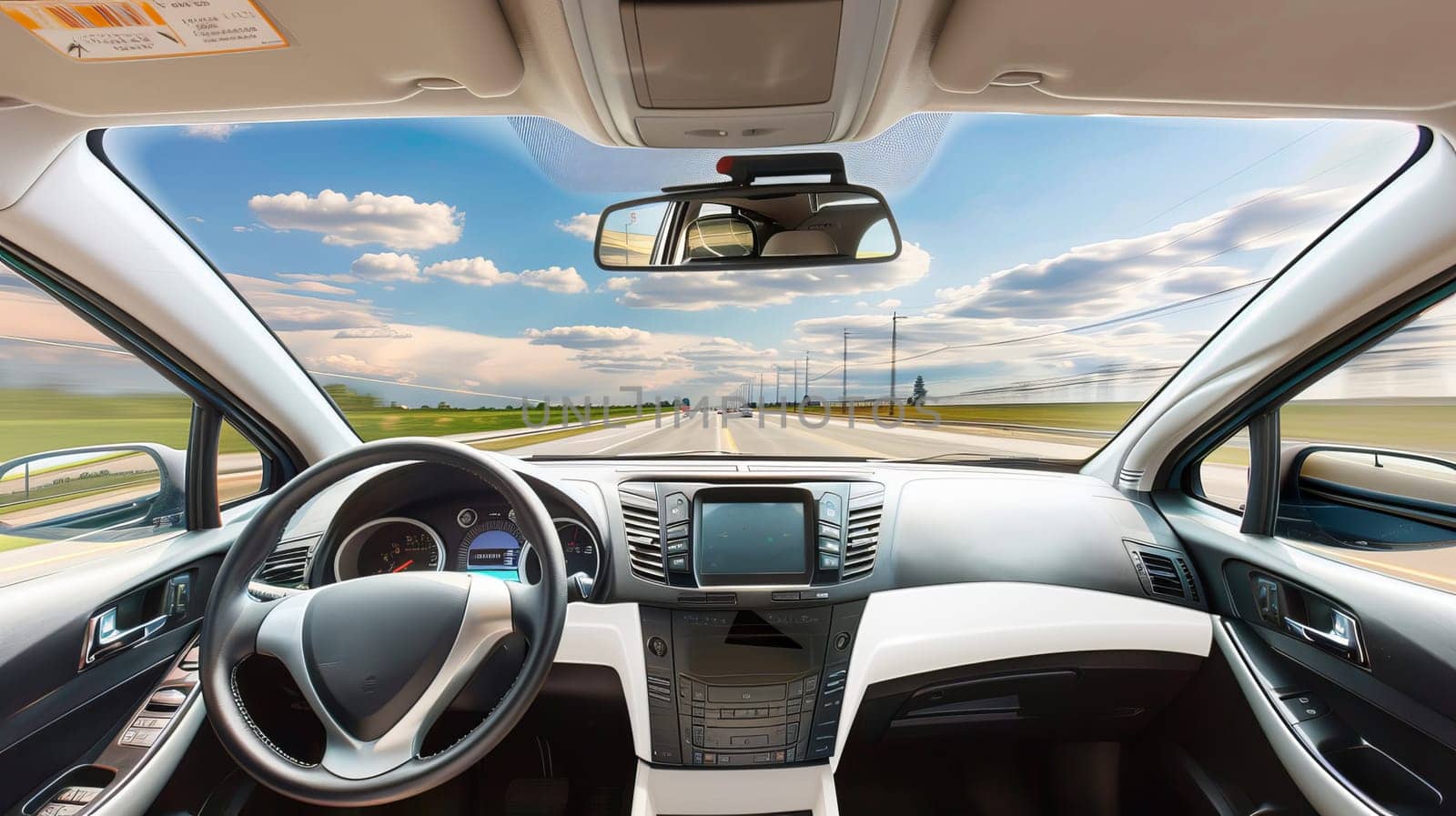 View from a picturesque trip from a modern unmanned automobile interior on an open highway