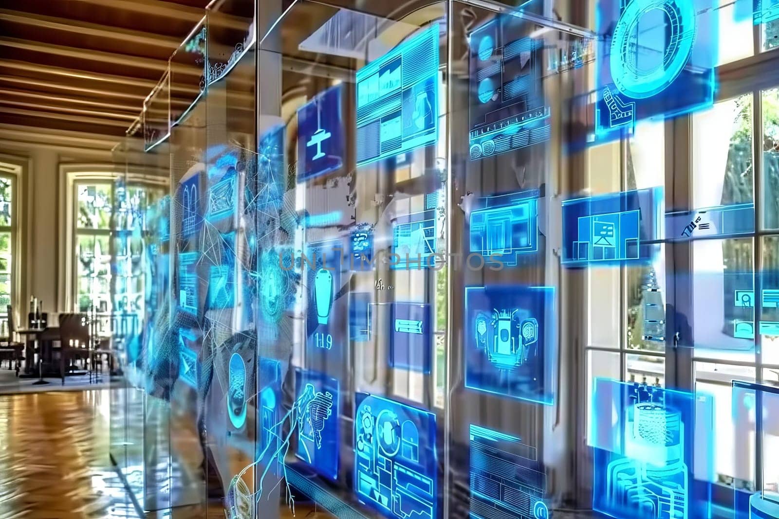 Futuristic holographic technology display in modern interior design concept.