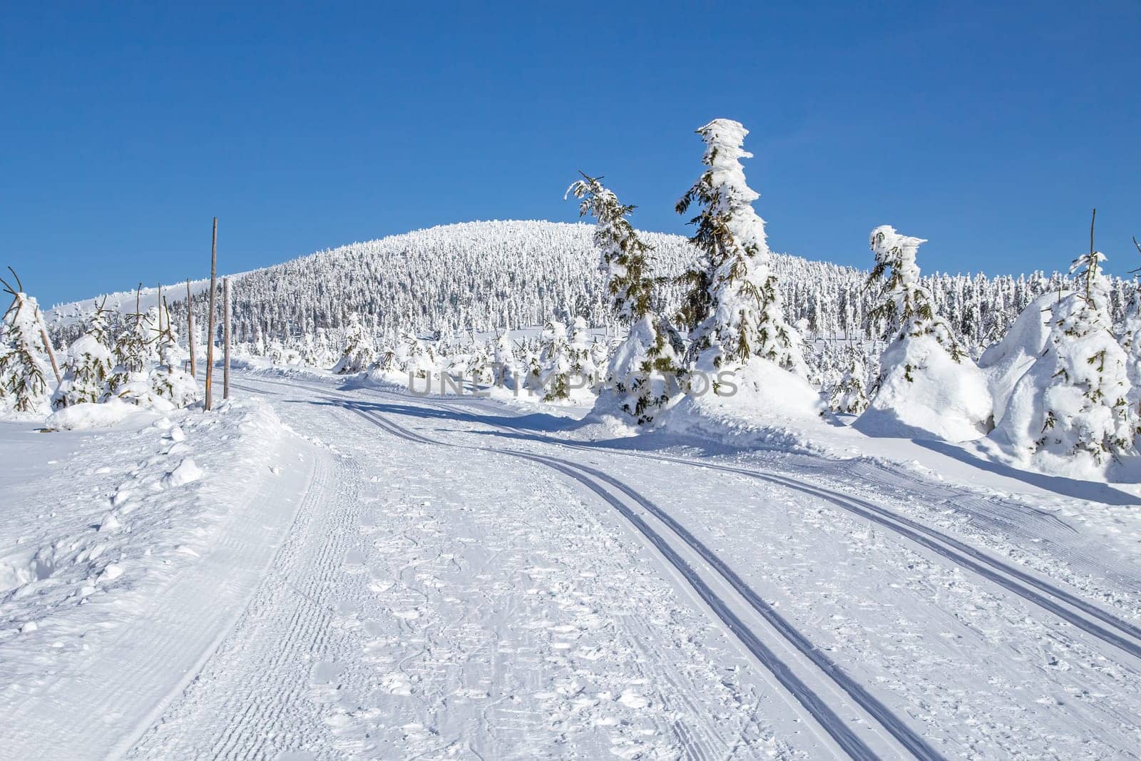 View of winter snowy mountain landscape with groomed cross-country ski trails. Horizontally.