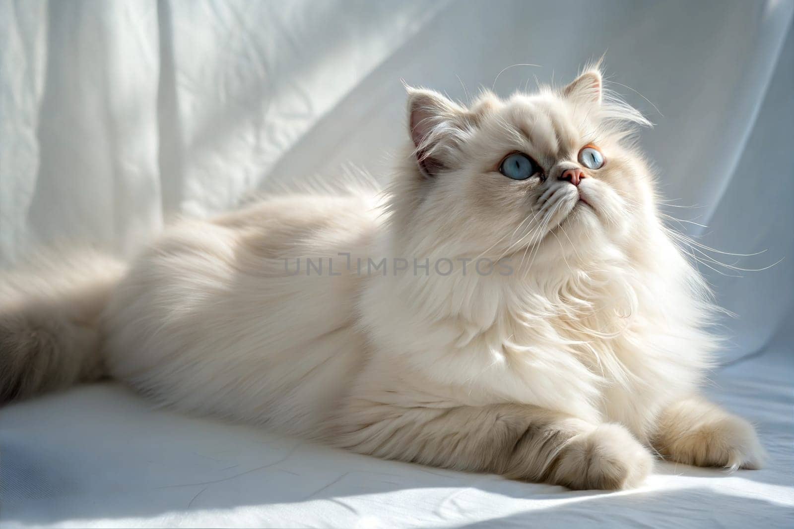 Persian Cat Lying Down with Beautiful Blue Eyes in Soft Lighting.