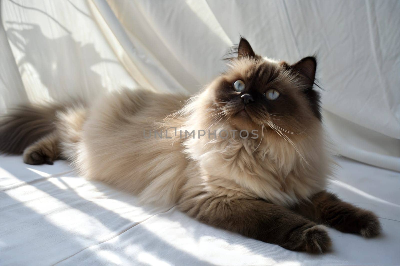 Himalayan Cat Lying Relaxed at White Background in Sunlight.