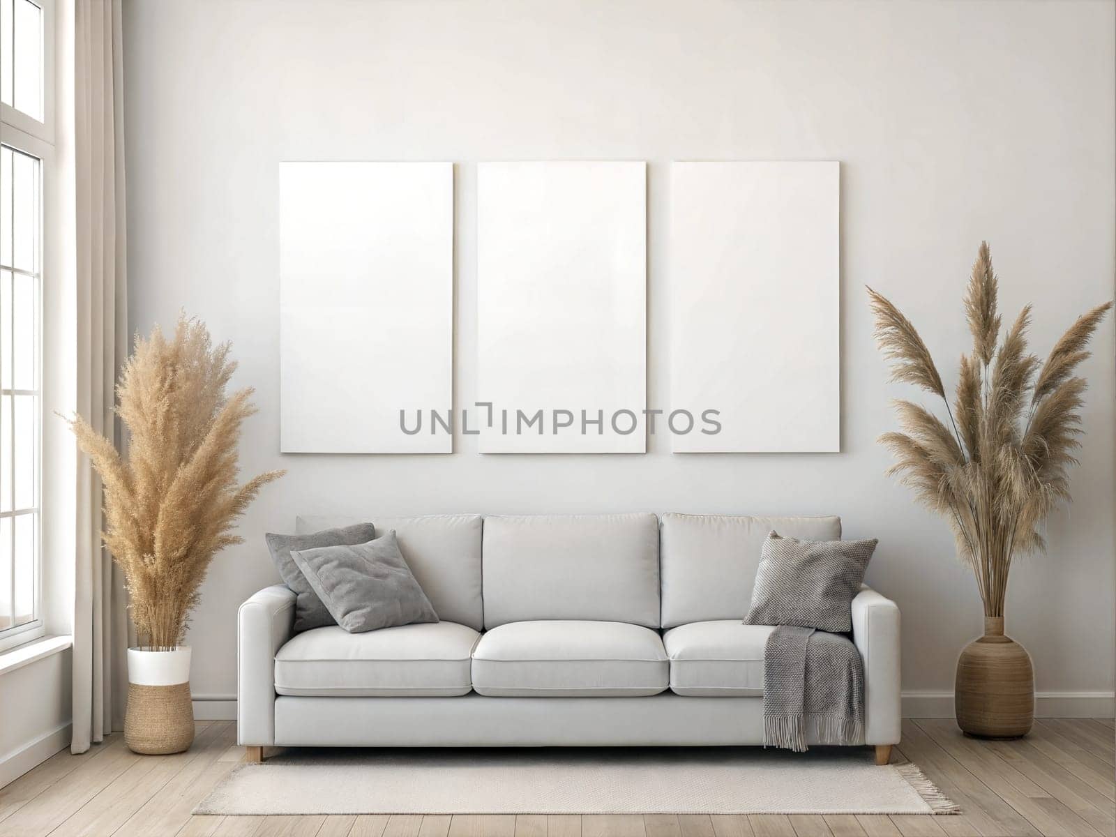 Canvas Mockup in Modern Living Room. White Sofa and Three Blank Canvases on white wall. Three Vertical Posters Mockup. Empty Canvas