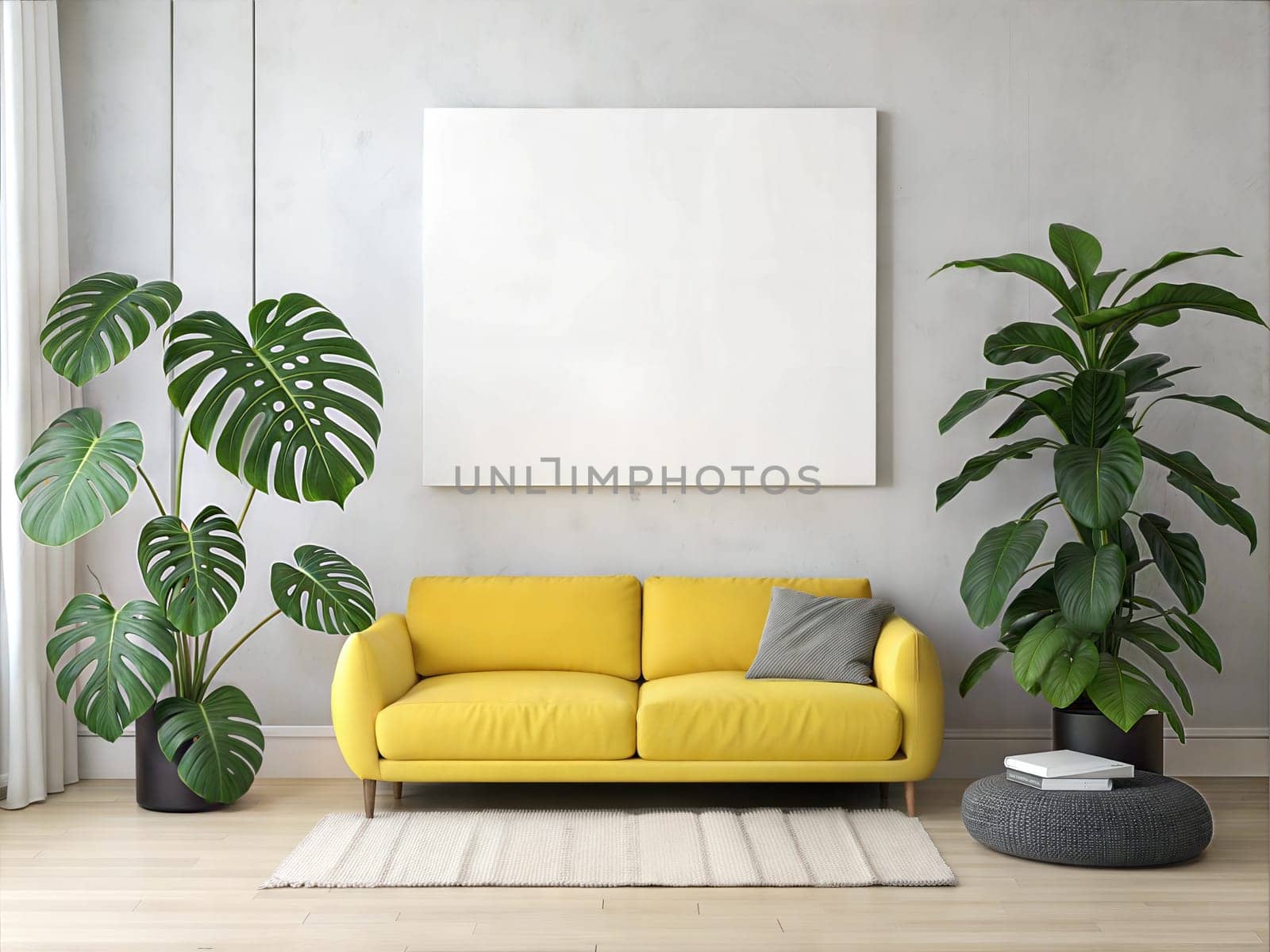 Canvas Mockup in Modern Living Room with green plants. Yellow Sofa and Blank Canvas on white wall. Horizontal Poster Mockup. Empty Canvas