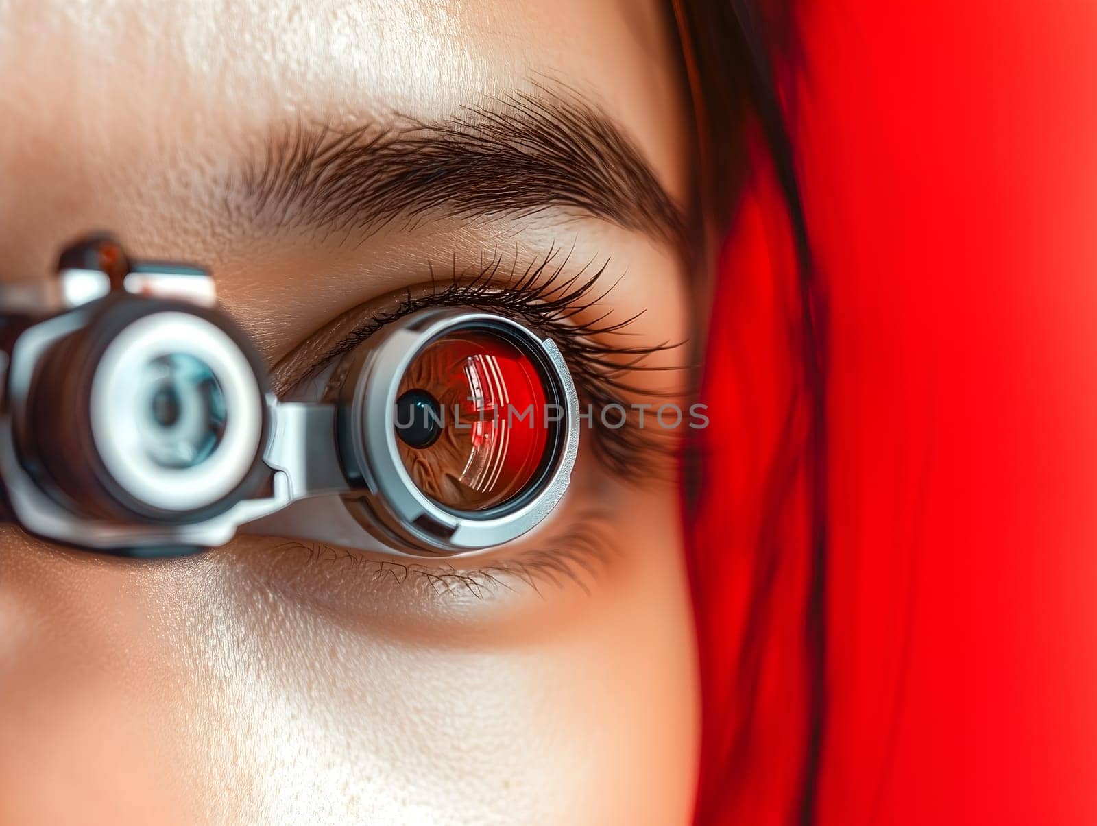 Extreme close-up of a person's eye undergoing an ophthalmic examination with a high-tech optometry device. The image highlights precision in vision diagnostics, eye health, and advanced medical technology.