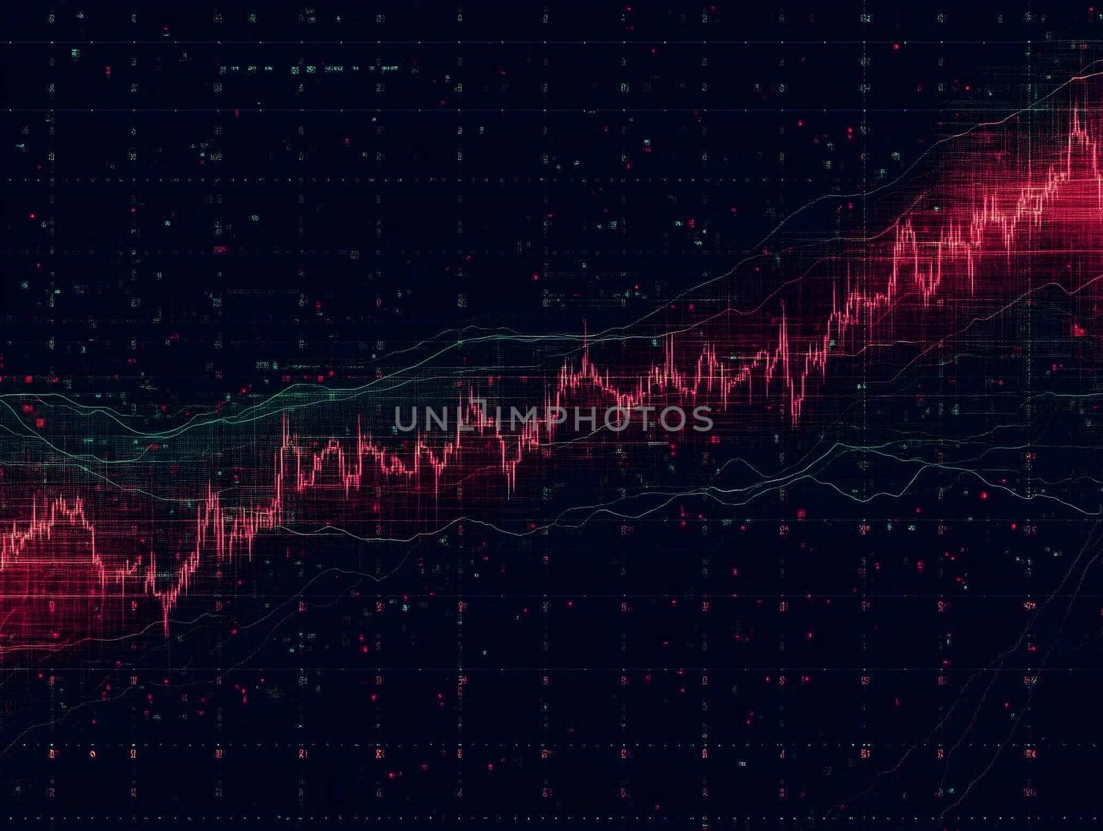 Abstract digital representation of a rising financial chart with glowing red lines on a dark background. This futuristic stock market visualization conveys economic growth, investment trends, and financial analysis.