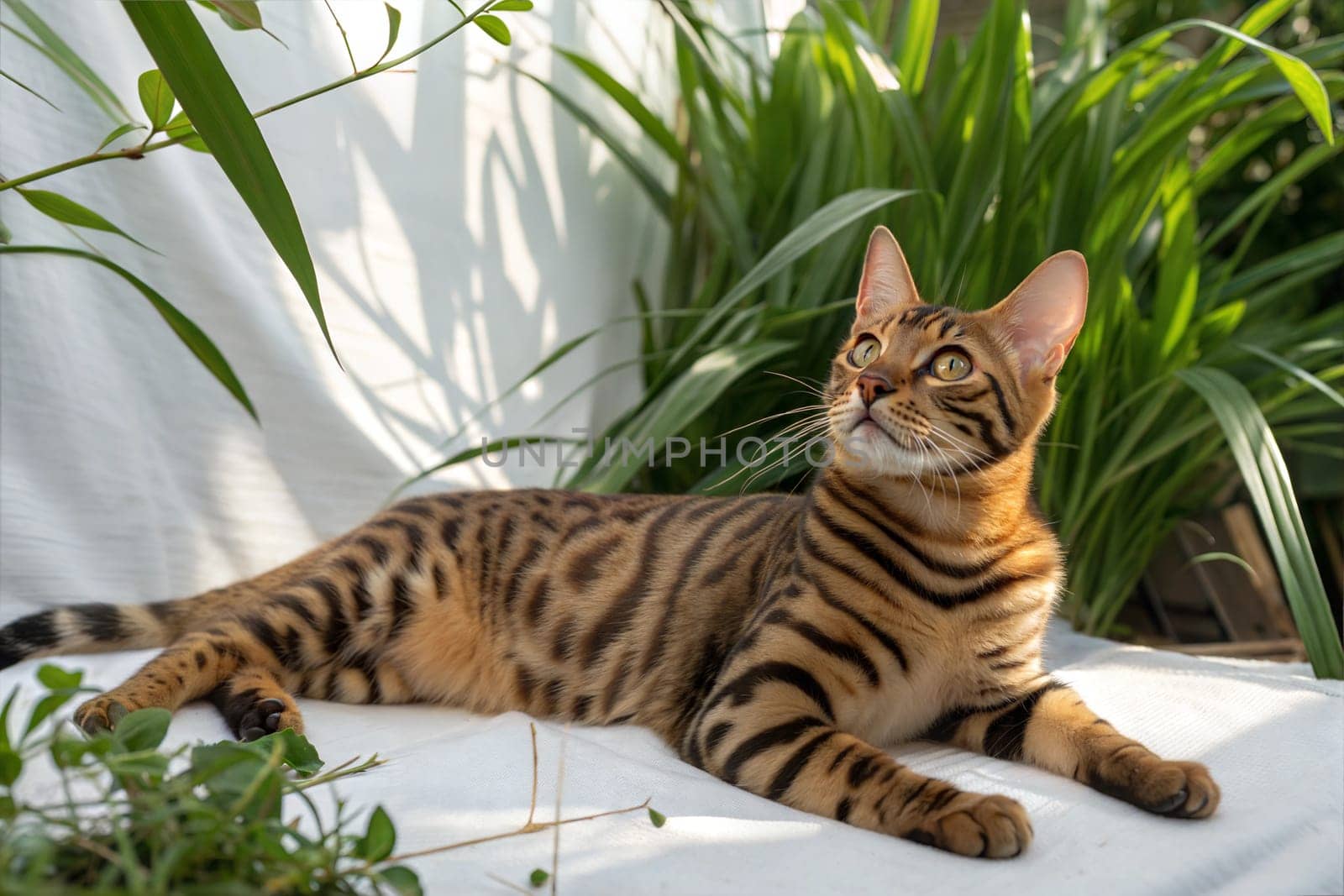 Adult Toyger Cat Lying Among Green Plants. Toyger Cat Portrait.