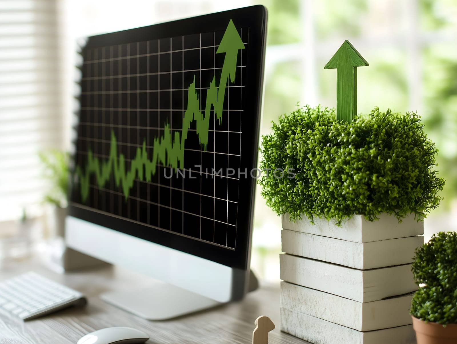 A computer screen displays a rising financial graph alongside a green plant with an upward arrow, symbolizing economic growth, investment success, and sustainability in business. Perfect for finance, stock market, and investment themes.
