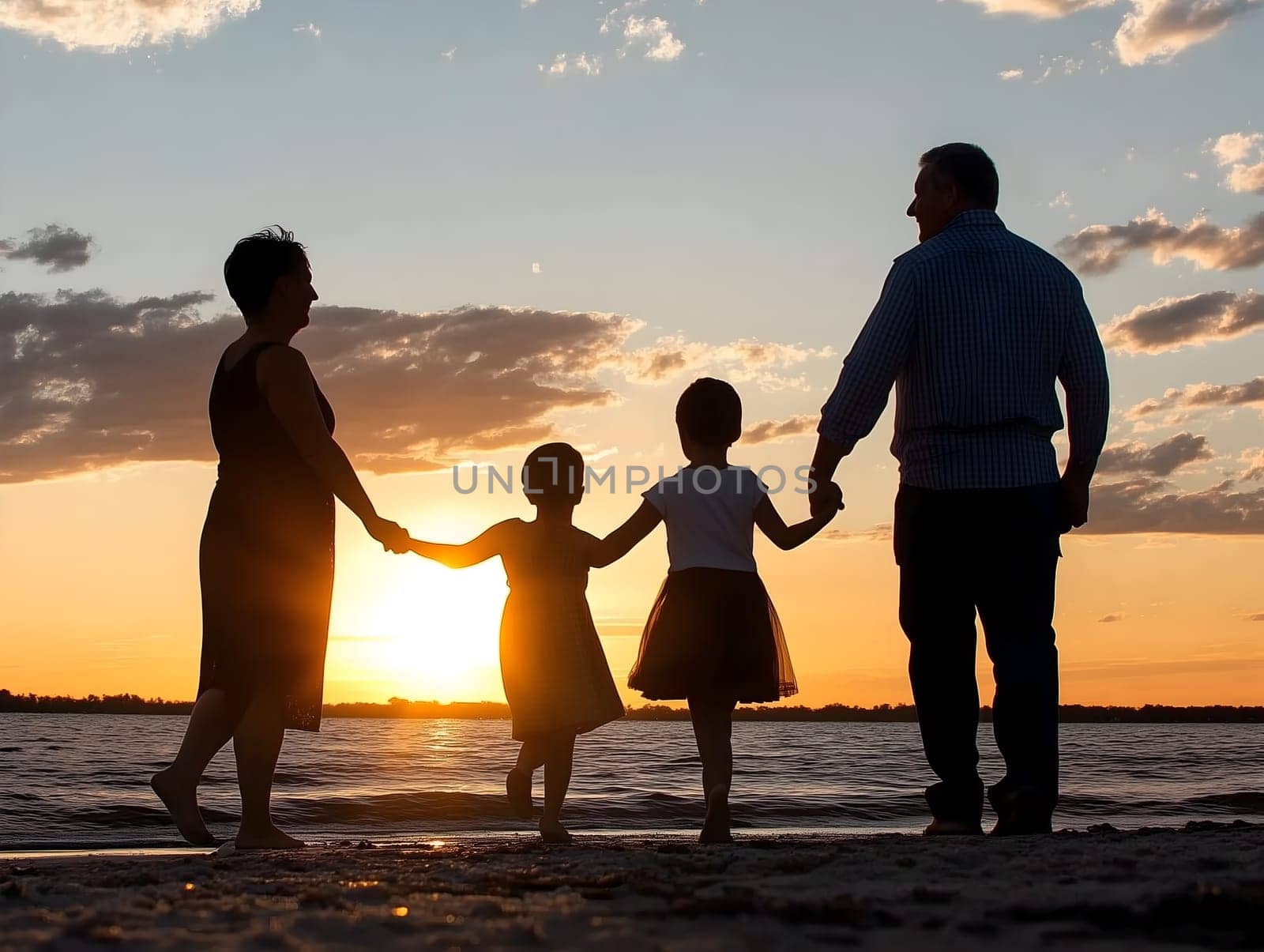 A joyful family of four walks along the beach at sunset, holding hands and enjoying the serene atmosphere. The warm glow of the setting sun highlights their strong bond, love, and togetherness.