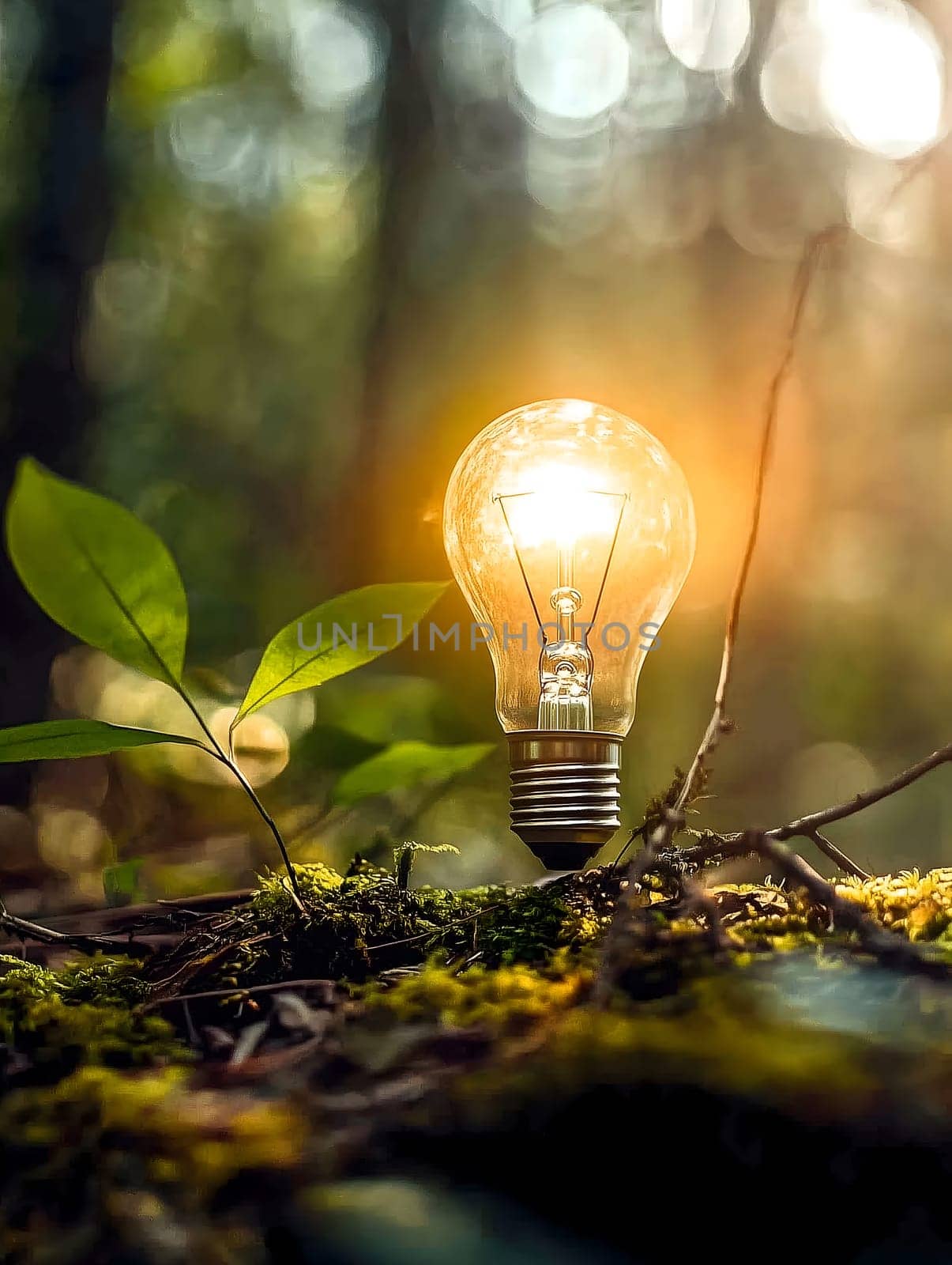 A glowing light bulb placed on moss in a lush forest, symbolizing the fusion of technology and nature. The warm light contrasts with the greenery, creating an inspiring eco-friendly concept.