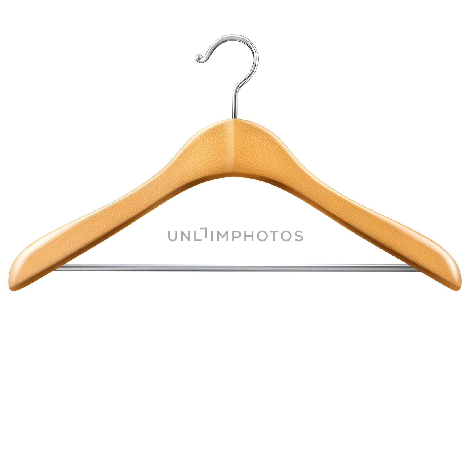 A light brown wooden clothes hanger with a metal hook and bar is shown against a white background.