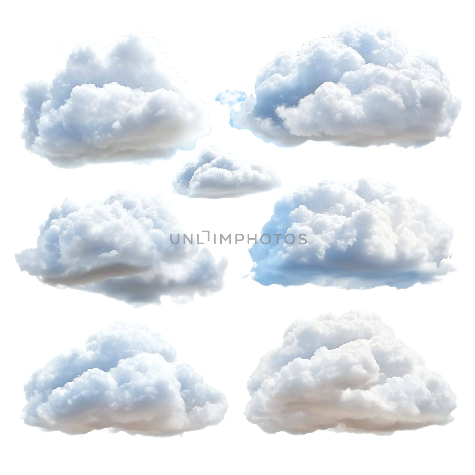 Eight fluffy cumulus clouds isolated on a white background.