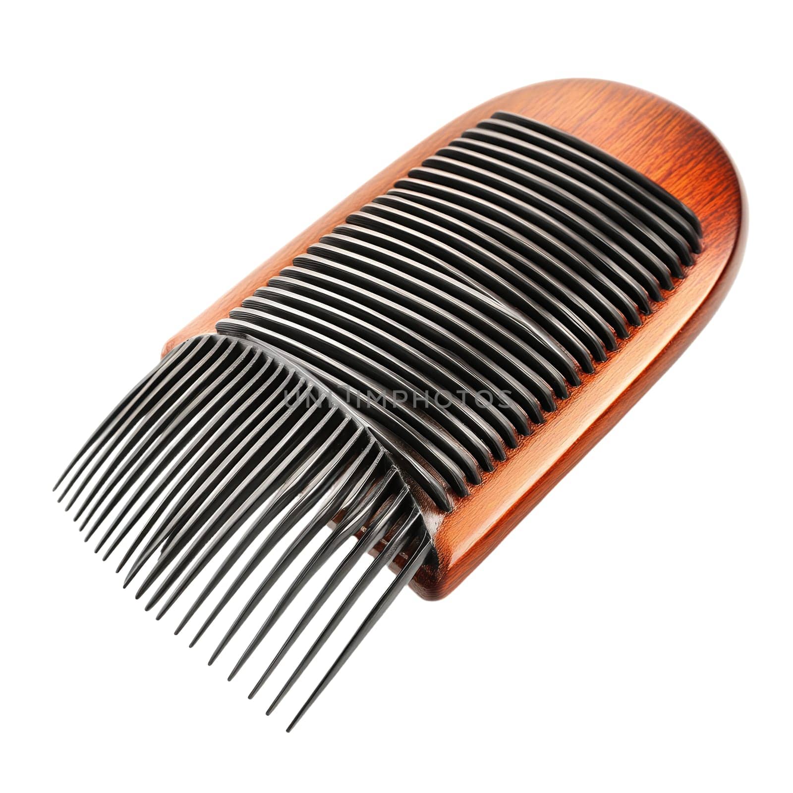 A wooden comb with black teeth is shown in a three-quarter view, angled toward the lower left.