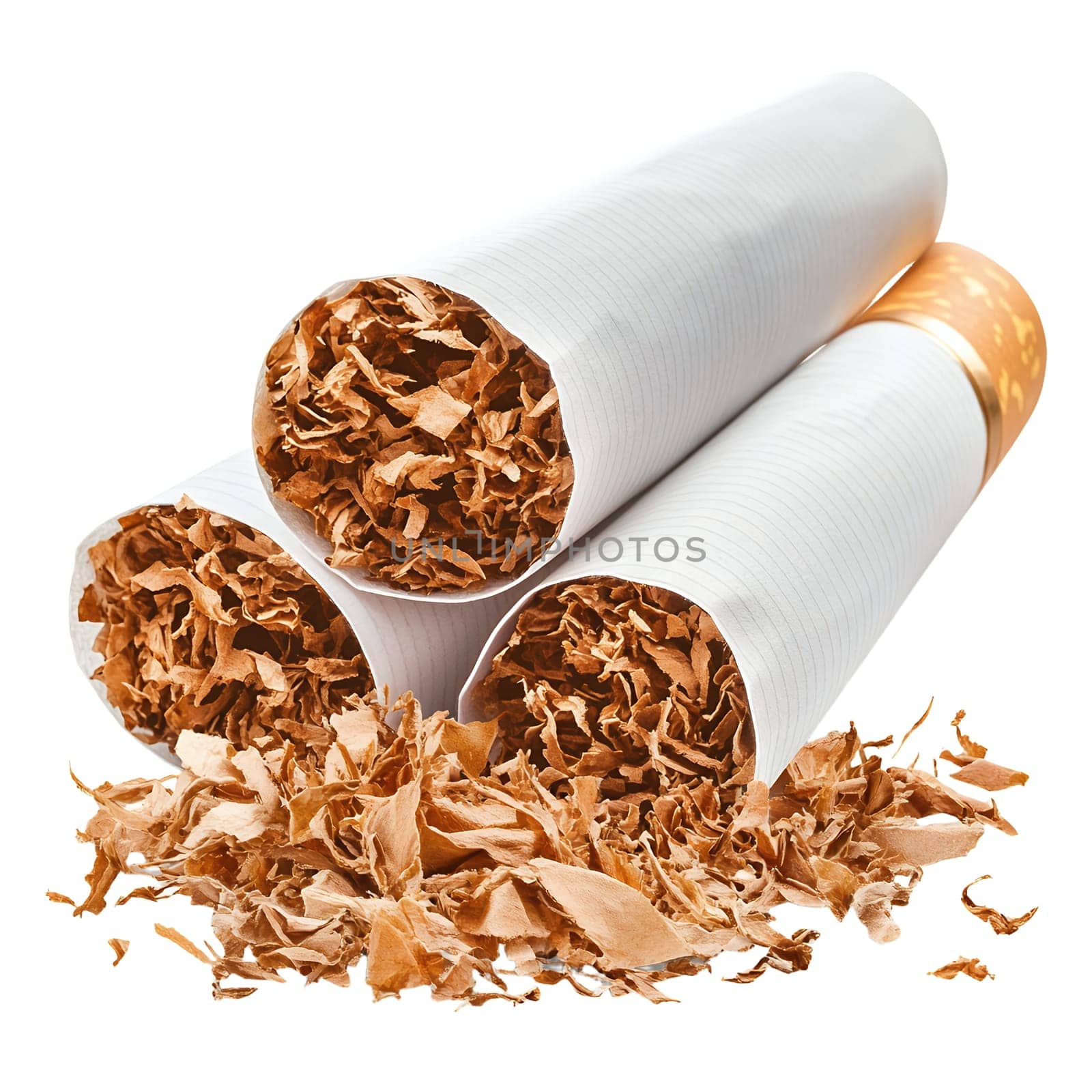 Three cigarettes are shown with their paper removed, revealing the tobacco inside and scattered tobacco pieces.