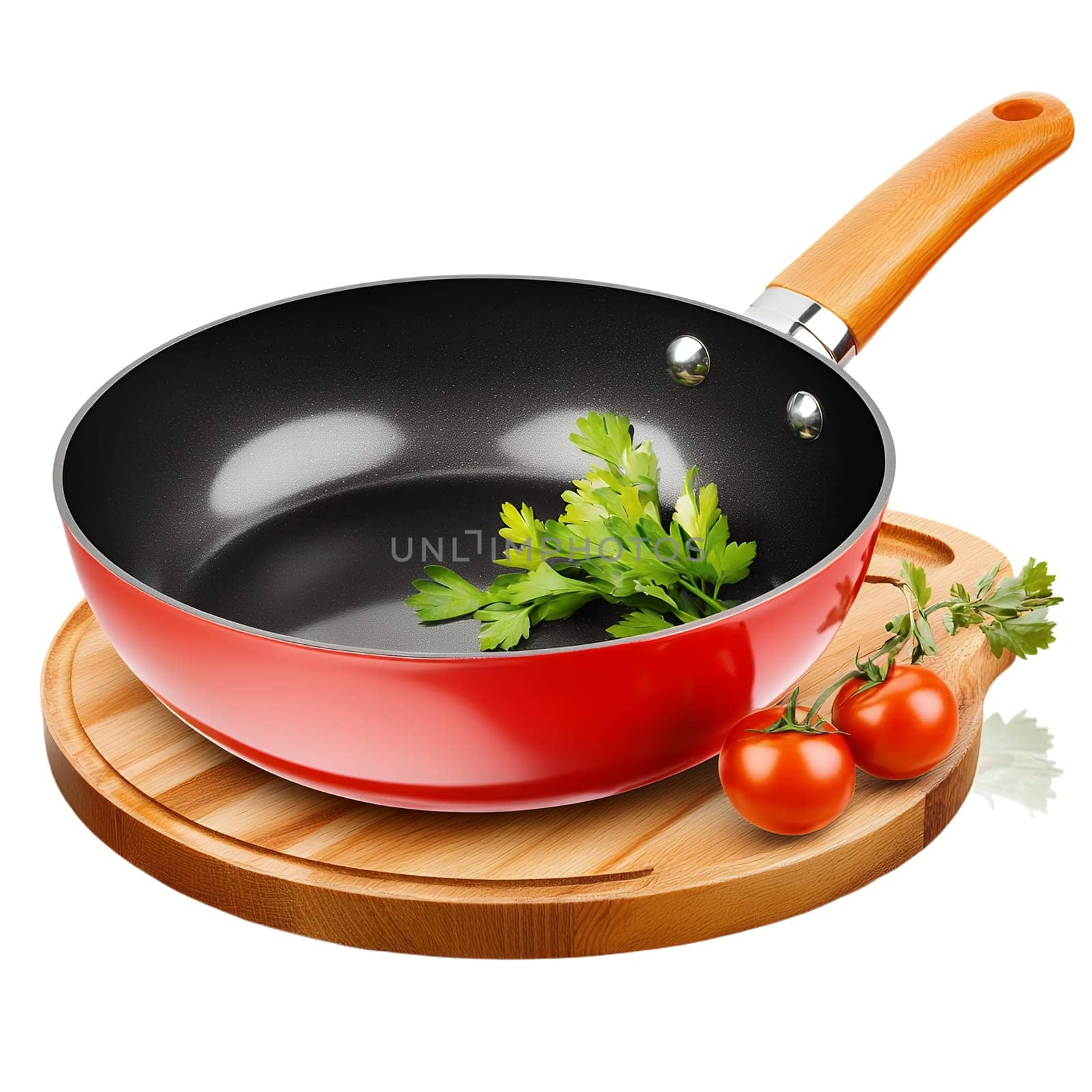 A red frying pan with a wooden handle sits on a wooden cutting board with tomatoes and parsley.