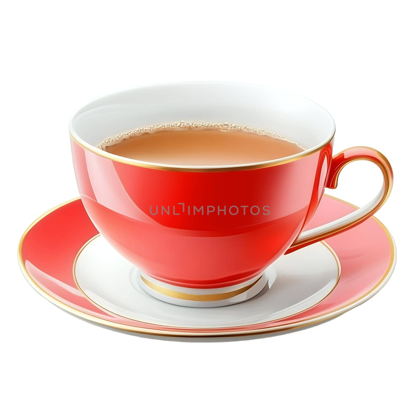 A red teacup and saucer with gold trim holds a cup of tea.