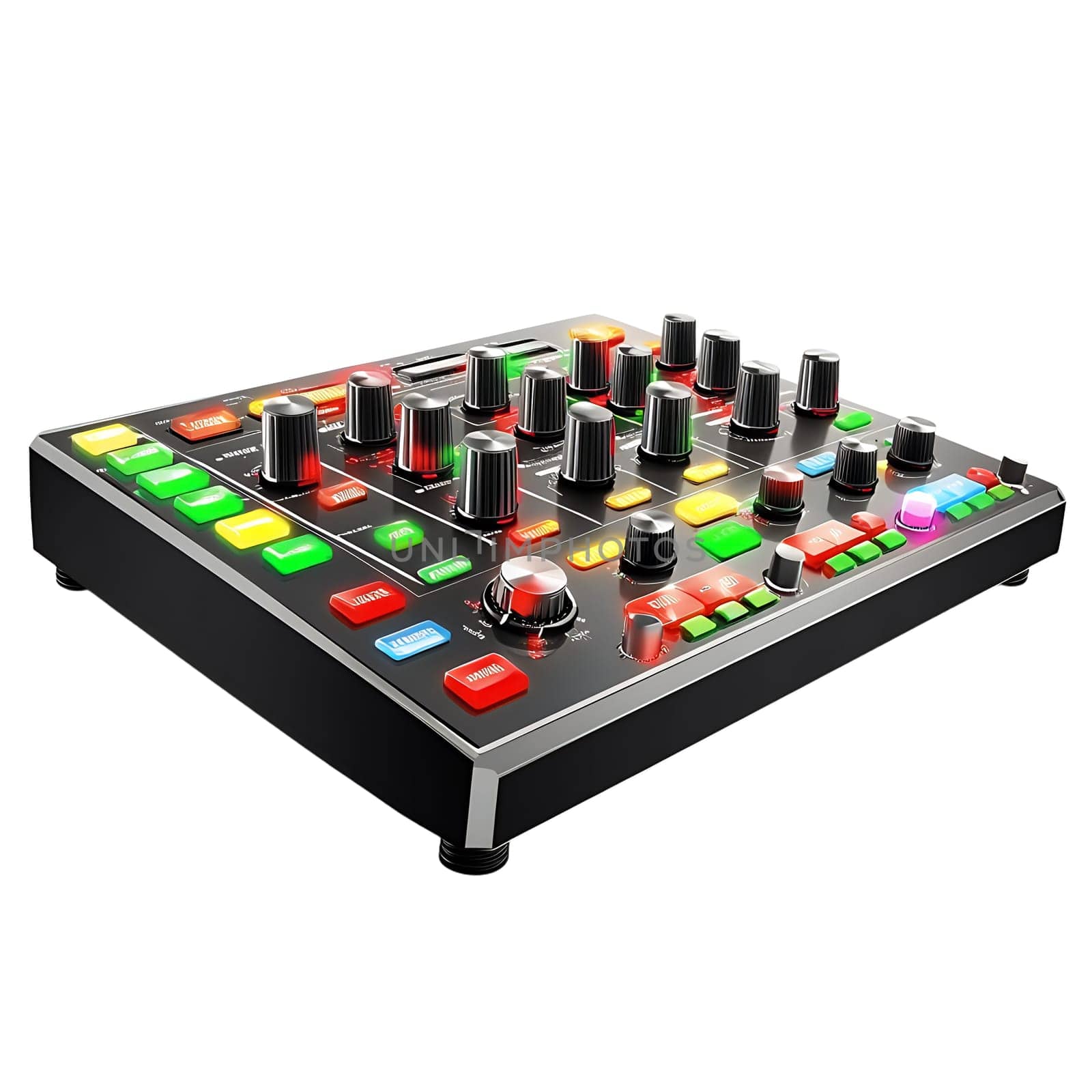 A black music mixer with numerous knobs and buttons is shown in a three-quarter view.