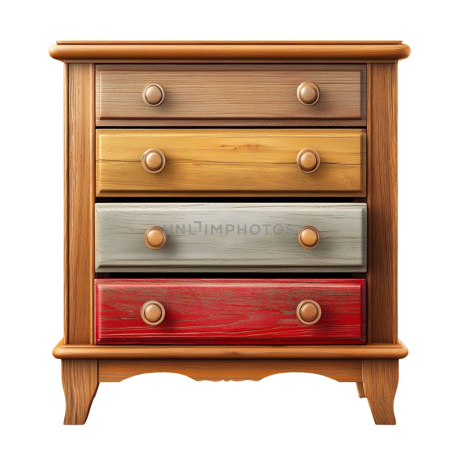 A four-drawer wooden chest of drawers with multicolored drawers and wooden knobs.