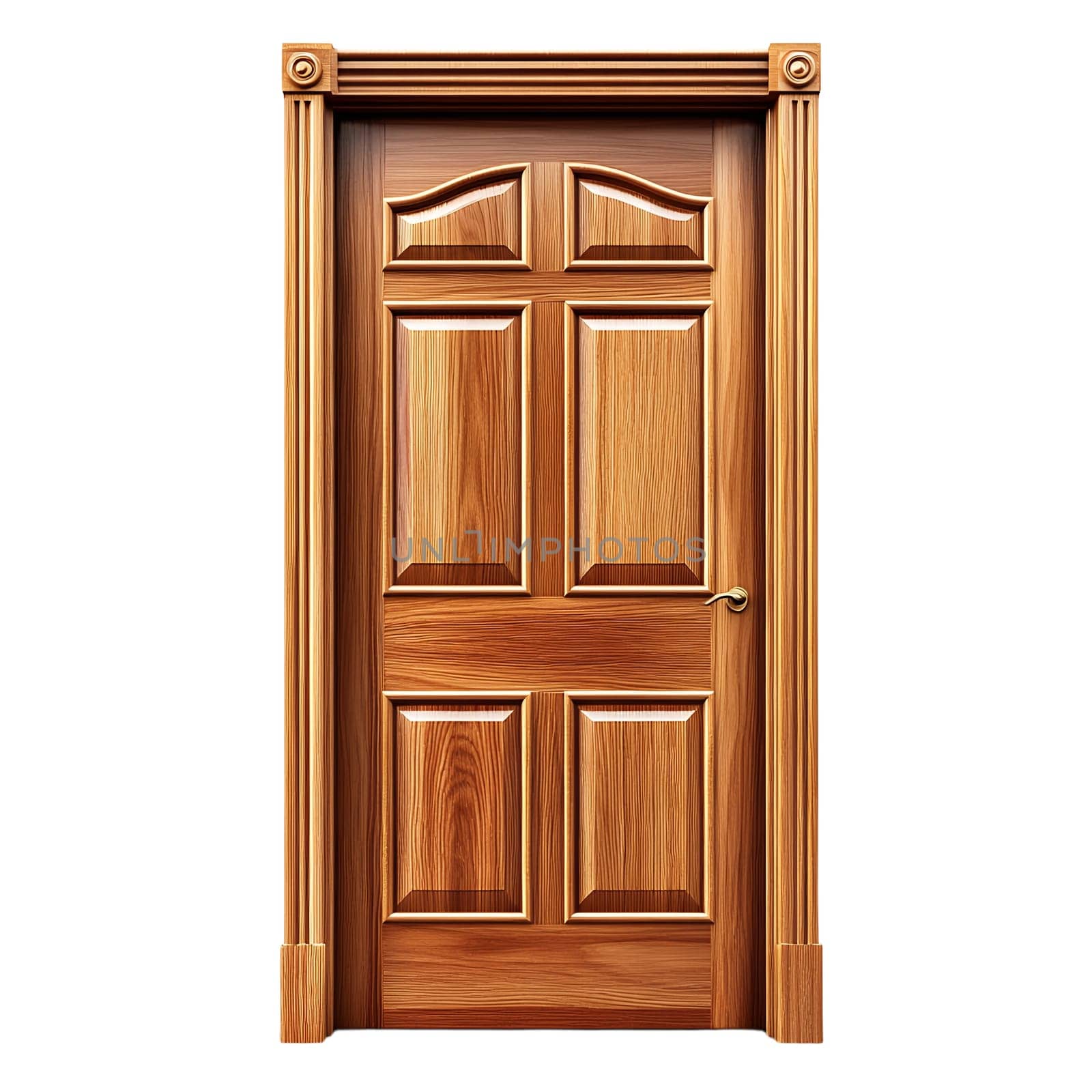Elegant solid wood door with raised panels and ornate frame.