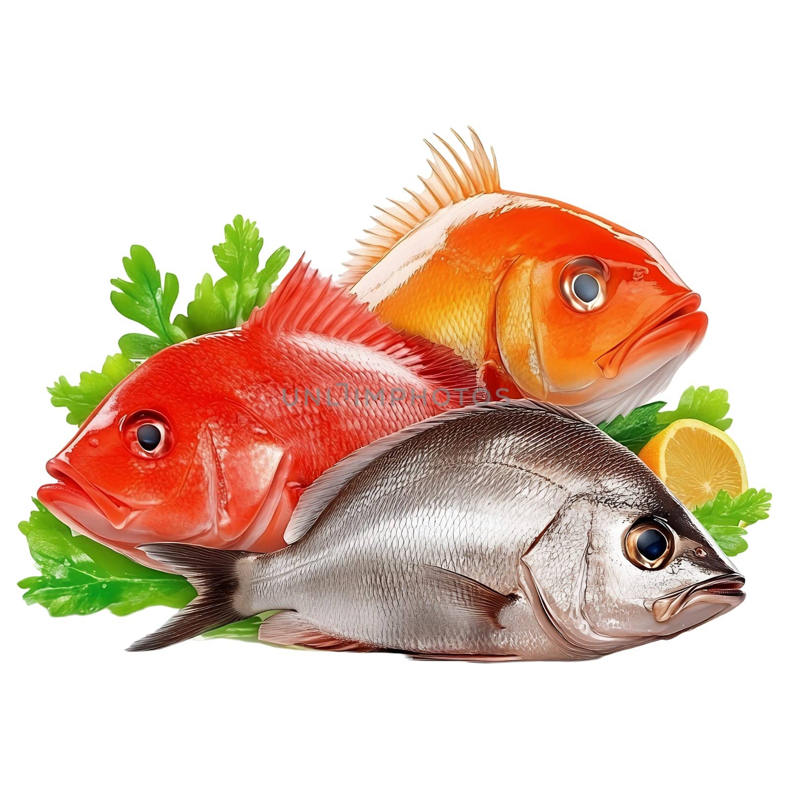 Three fresh, vibrant fish red snapper, ocean perch, and a grey snapper are artfully arranged with parsley and lemon.