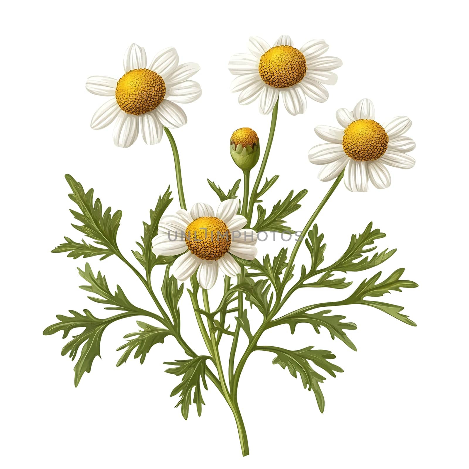 A charming bouquet of delicate white daisies with yellow centers, artistically rendered, perfect for floral designs and springtime themes.