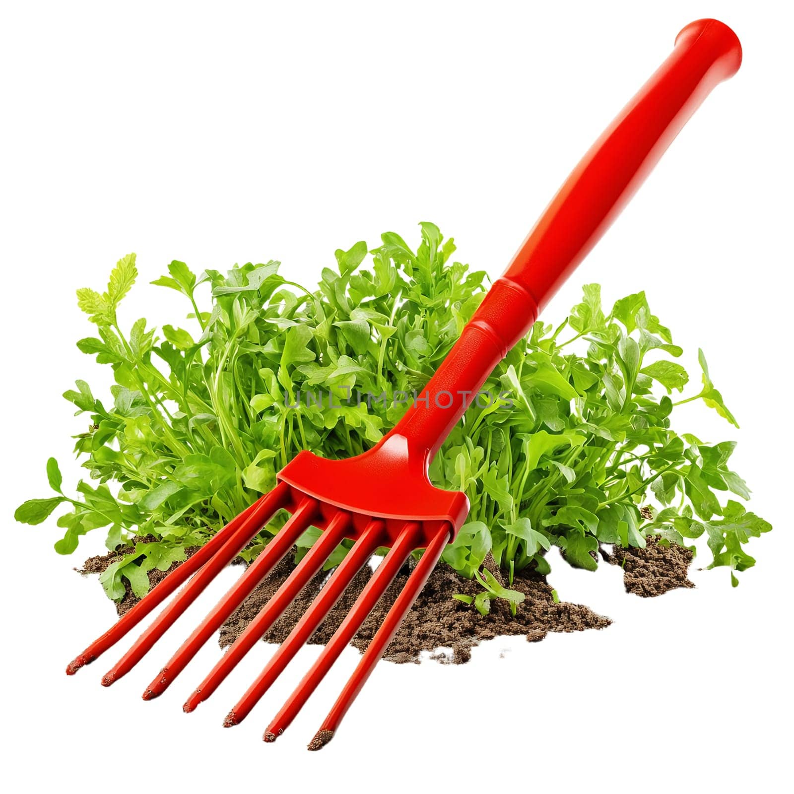 A bright red hand rake is gently placed in a patch of freshly planted green herbs, ready for weeding.