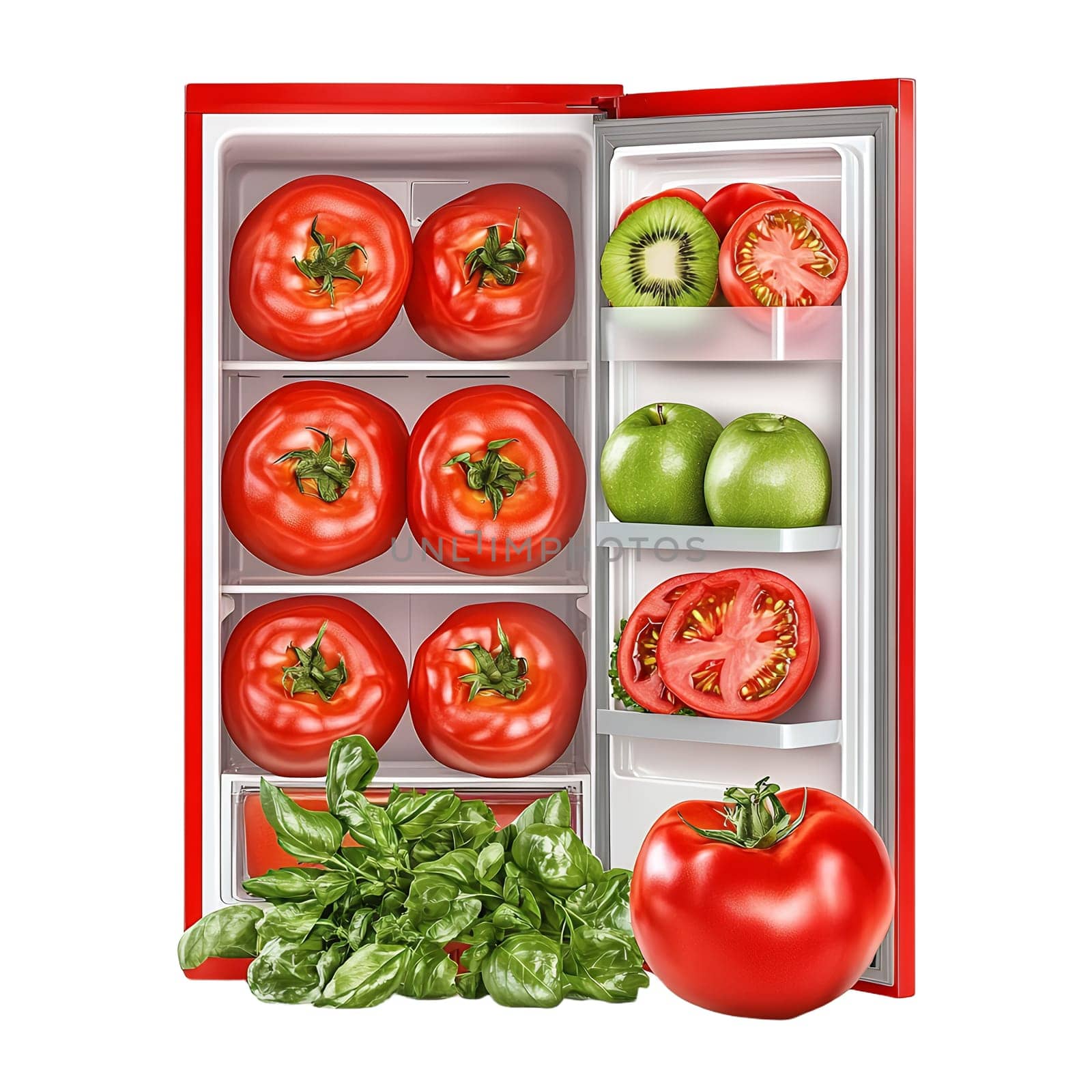 A red refrigerator is opened, revealing fresh tomatoes, kiwi, apples, and basil, showcasing healthy food storage.
