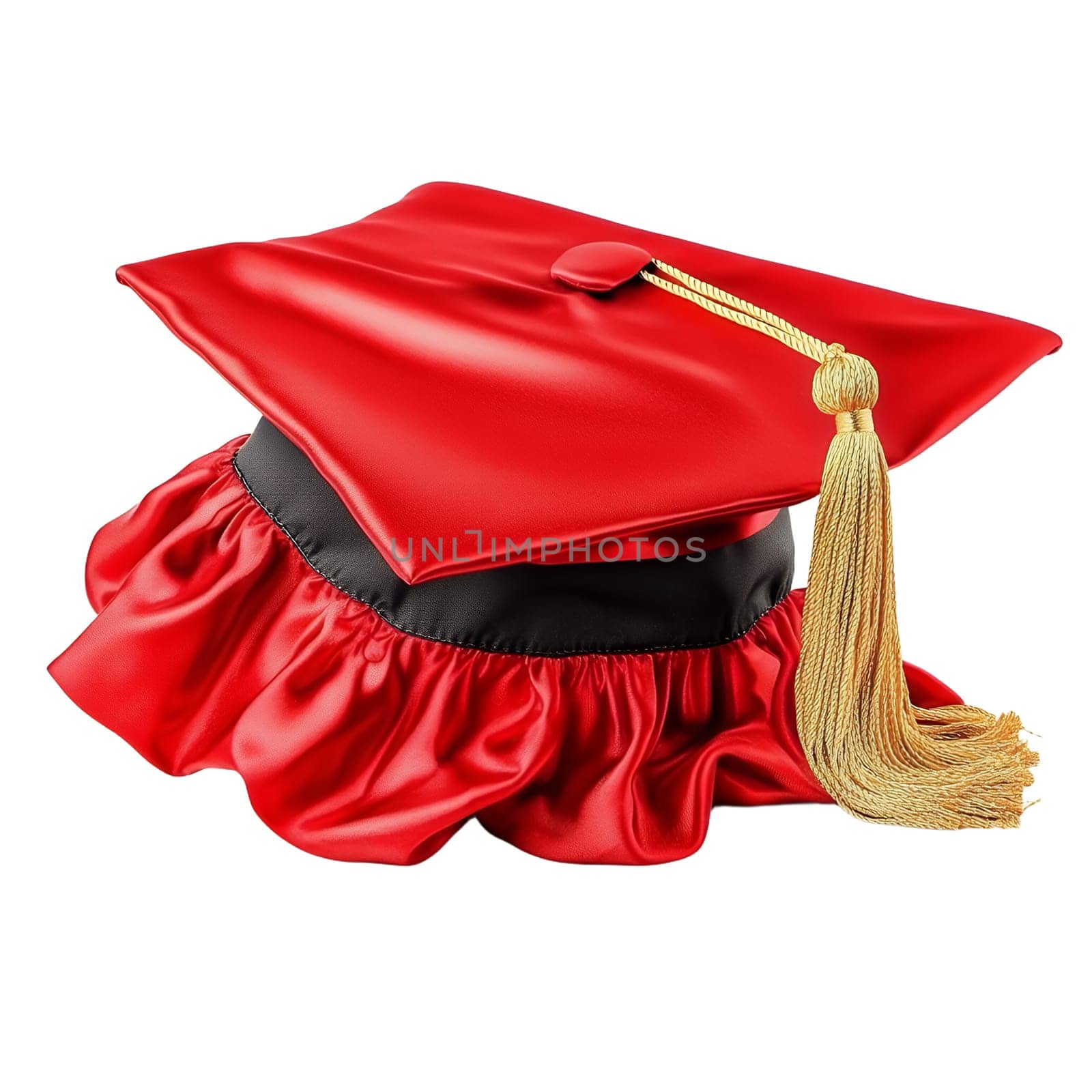A red satin graduation cap with a golden tassel rests elegantly on a white background, symbolizing academic achievement and success.
