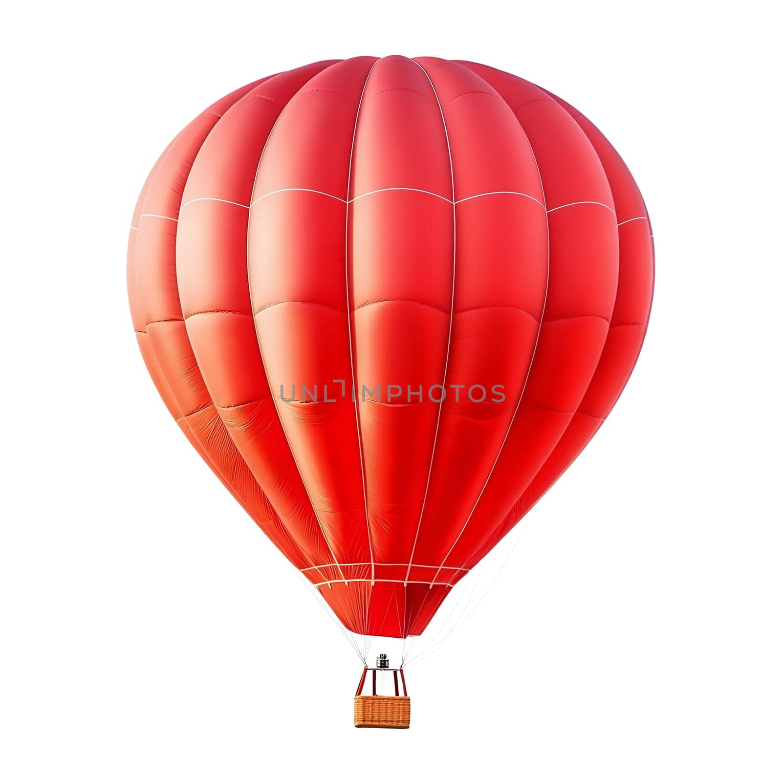 A vibrant red hot air balloon floats gracefully against a clear white background, ready for an exciting adventure.