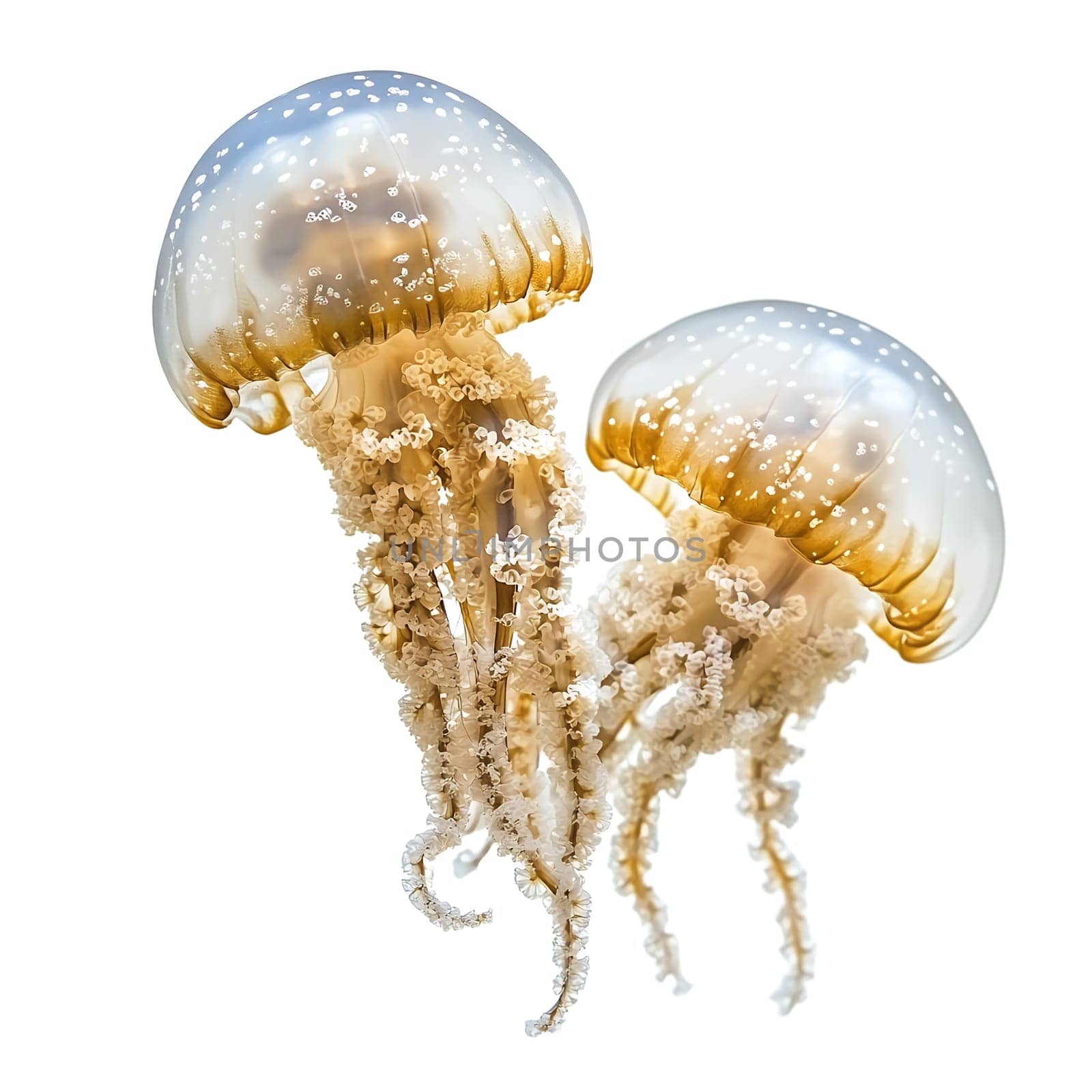 Two translucent jellyfish with golden-brown accents drift gracefully against a white background.