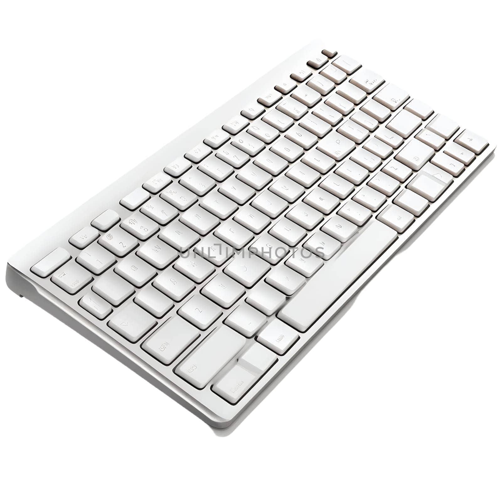 A clean, modern white computer keyboard sits angled on a white background, showcasing its minimalist design and sleek lines.