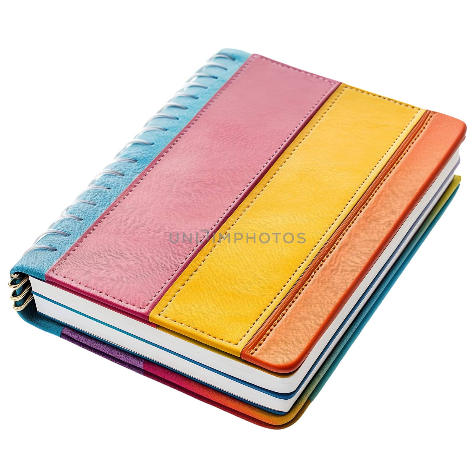 A colorful spiral notebook with a leather cover lies on a white background, ready for notes and ideas.
