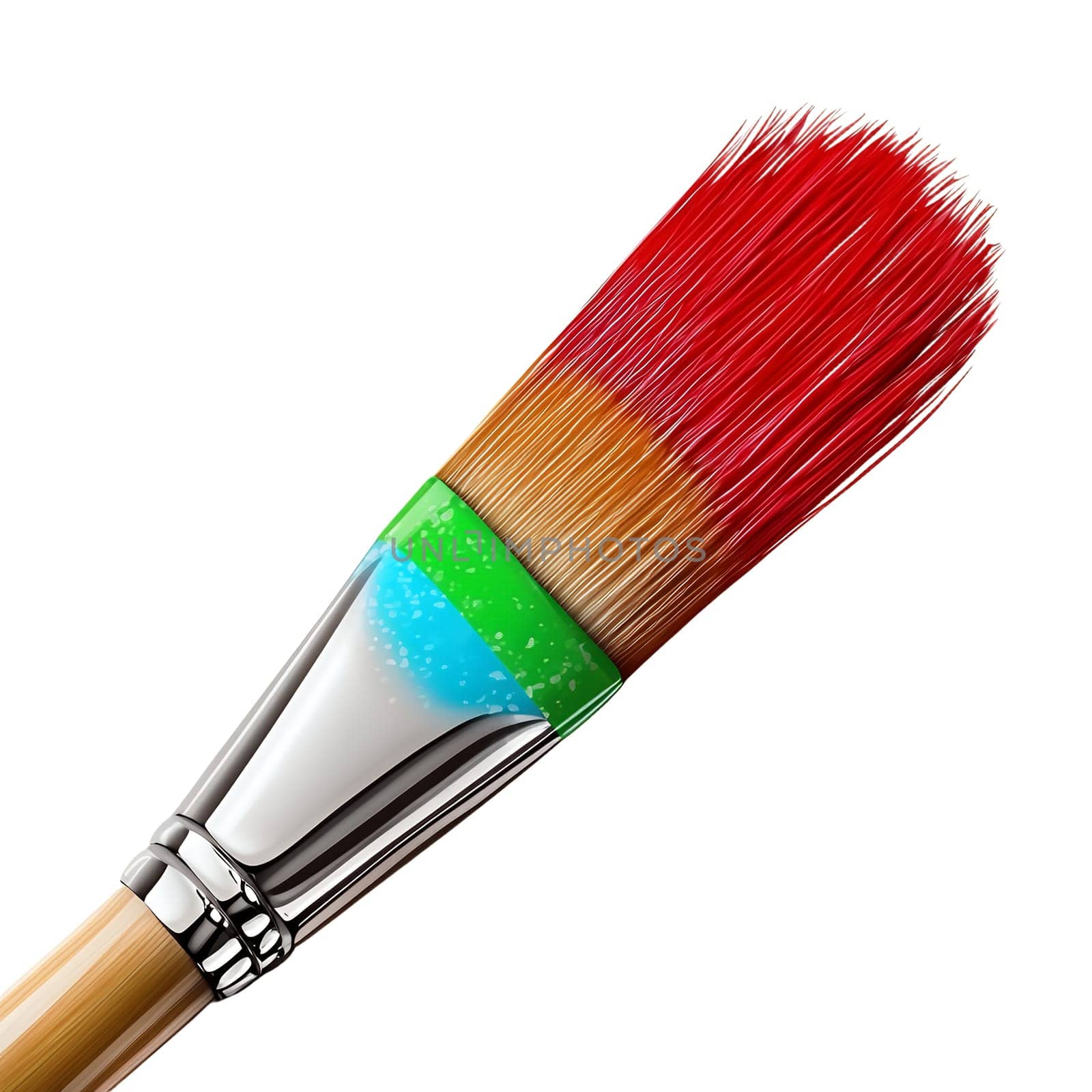 A close-up shot of a paintbrush with red bristles, showcasing its vibrant color and detailed texture.