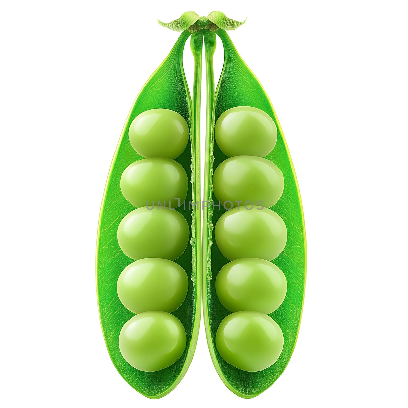 A vibrant, digitally enhanced image showcases a split pea pod revealing rows of plump, green peas, creating a symmetrical and appetizing composition.