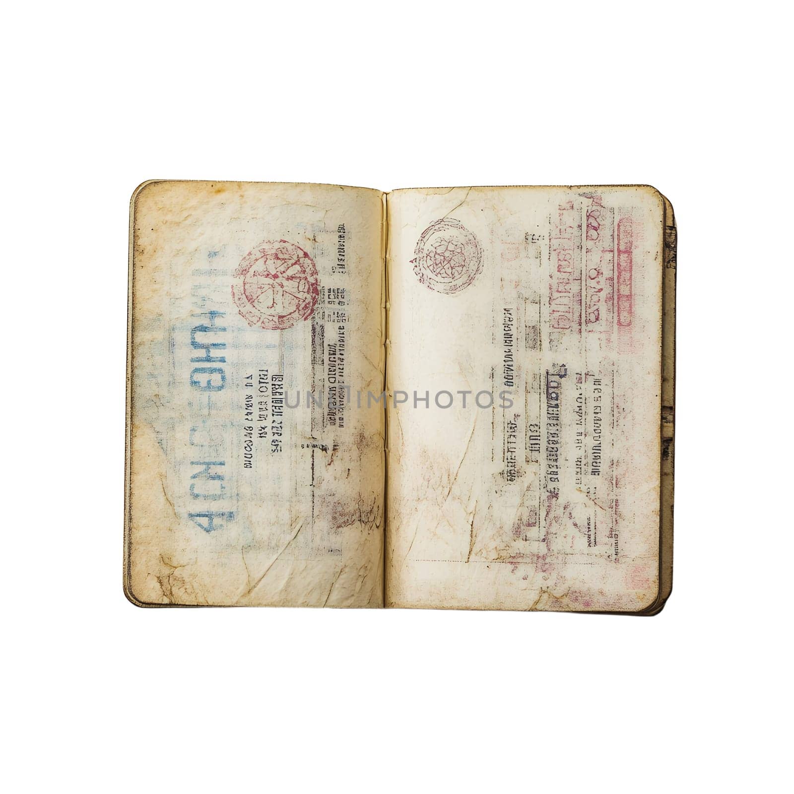 A vintage passport, worn and showing signs of age and travel, lies open, revealing its aged pages and various entry and exit stamps.