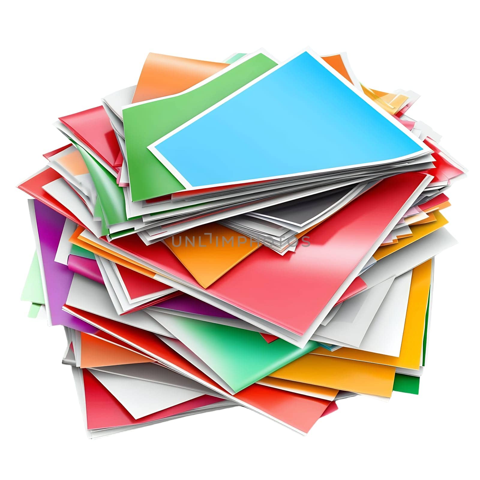 A colorful stack of glossy brochures and papers, ideal for showcasing vibrant marketing materials or design concepts.