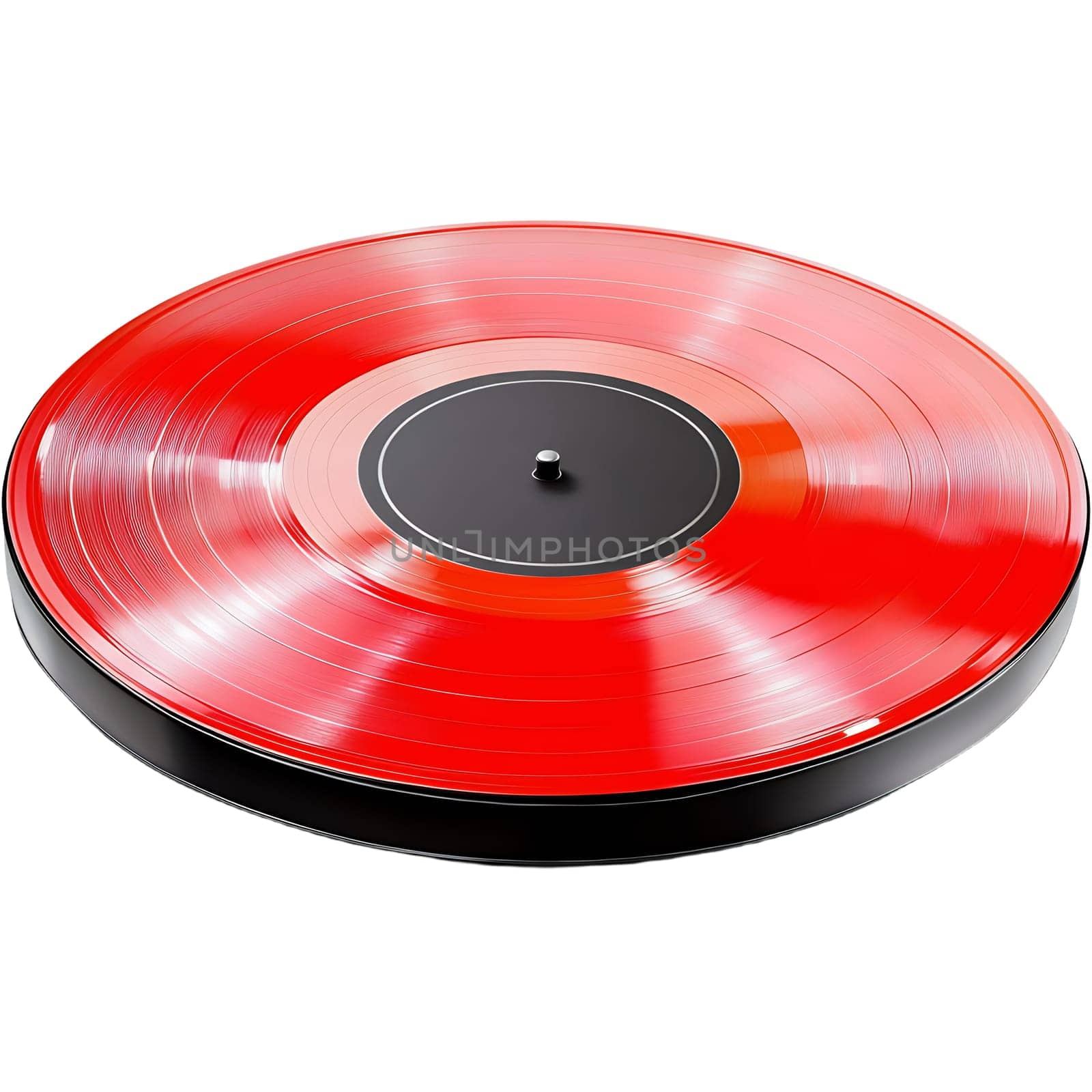 A vibrant red vinyl record, gleaming with a high-gloss finish, sits on a black surface, ready for playback.