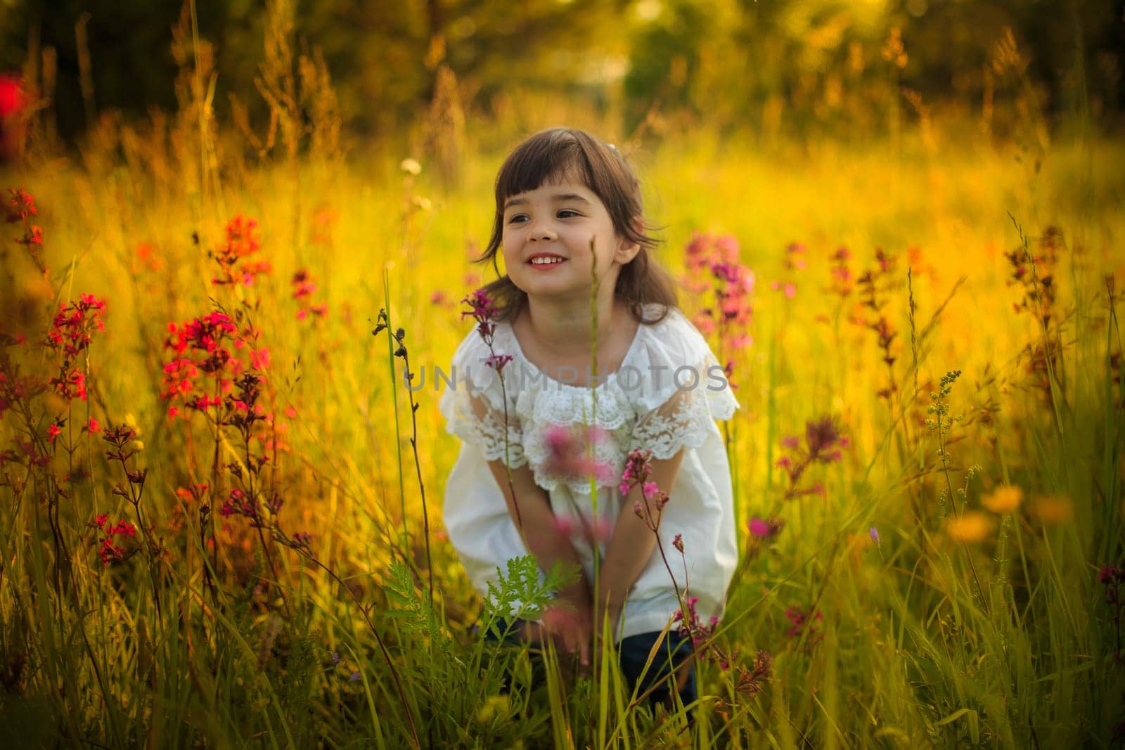 Adorable playful little cute girl in white dress standing in warm sunlight in blooming field.