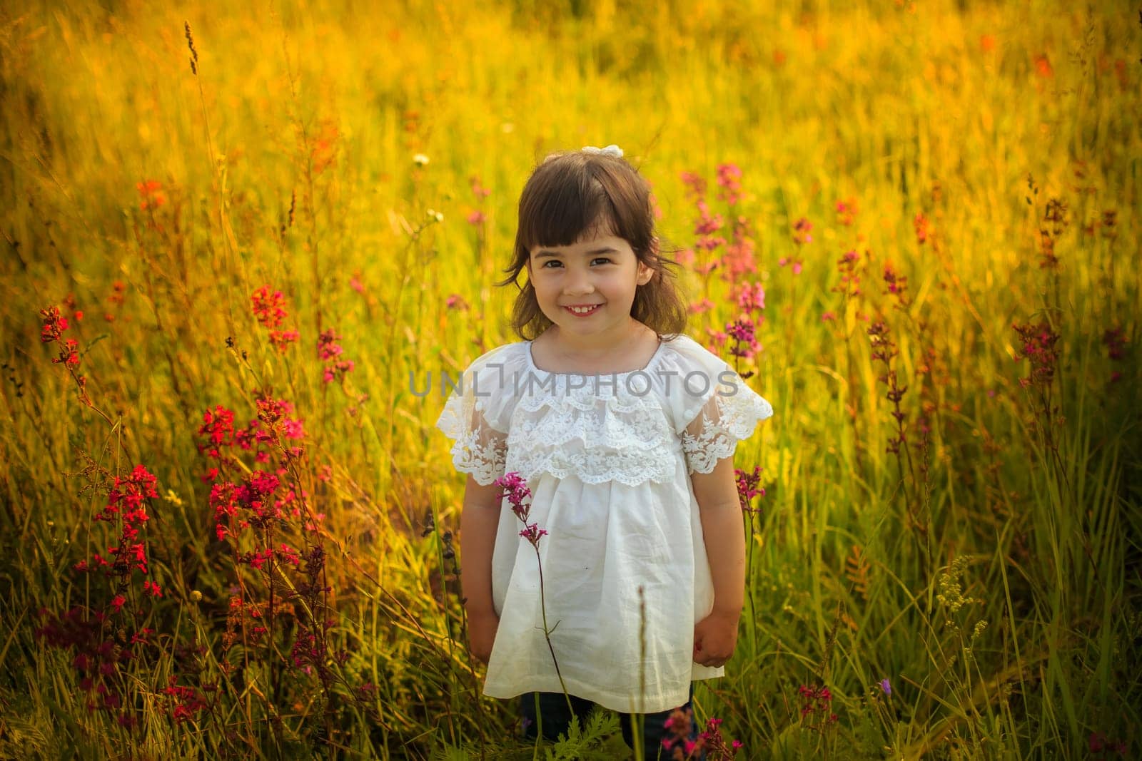 Smiling little cute girl in white dress standing in warm sunlight in blooming field, look at camera