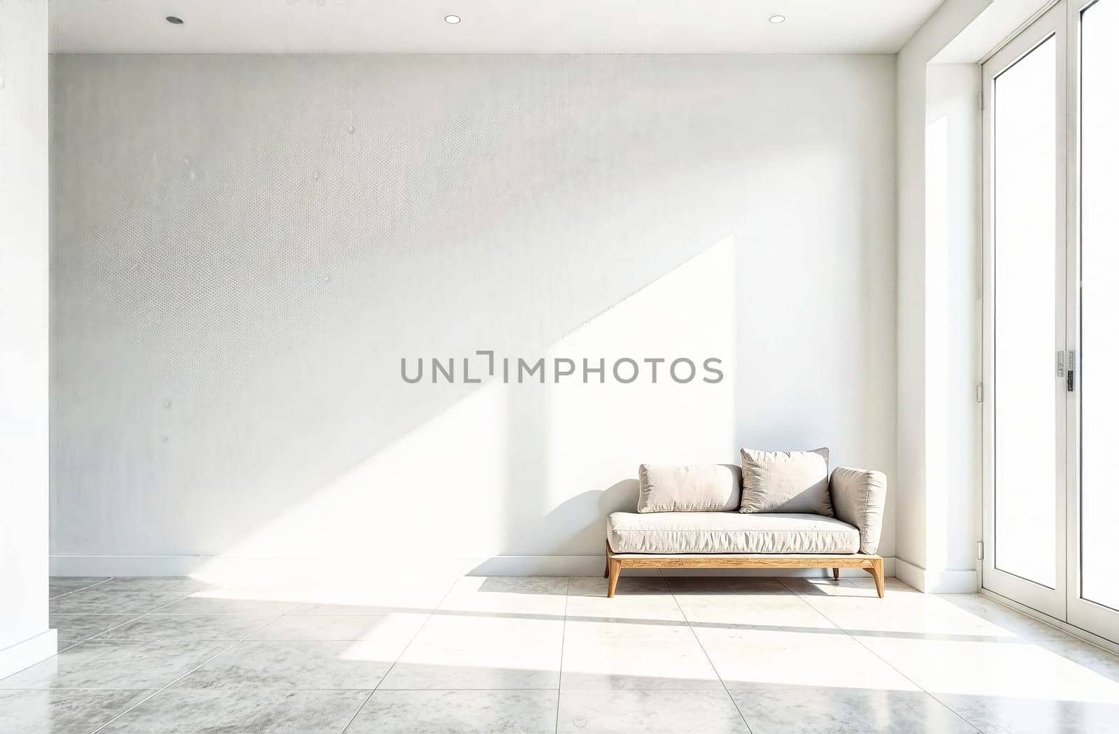 A bright interior featuring a simple sofa bathed in natural light, emphasizing a calm and minimalistic design aesthetic.