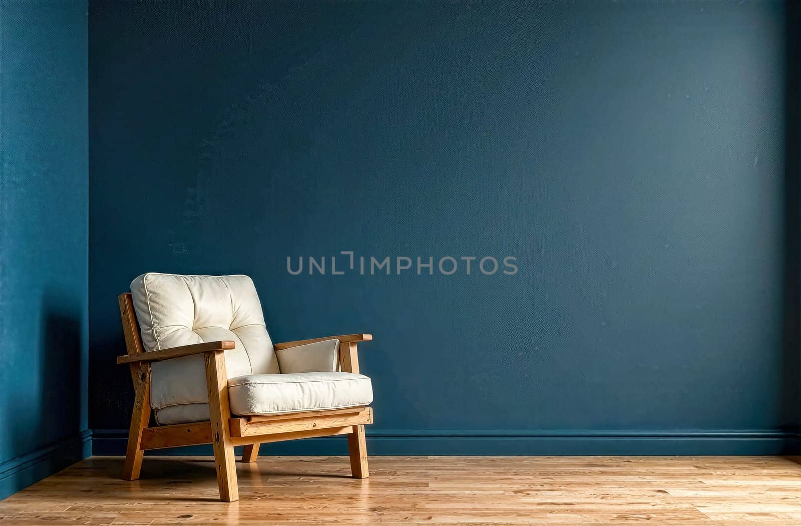 A simple and elegant room featuring a light upholstered chair against a dark blue wall with wooden flooring, emphasizing minimalism.