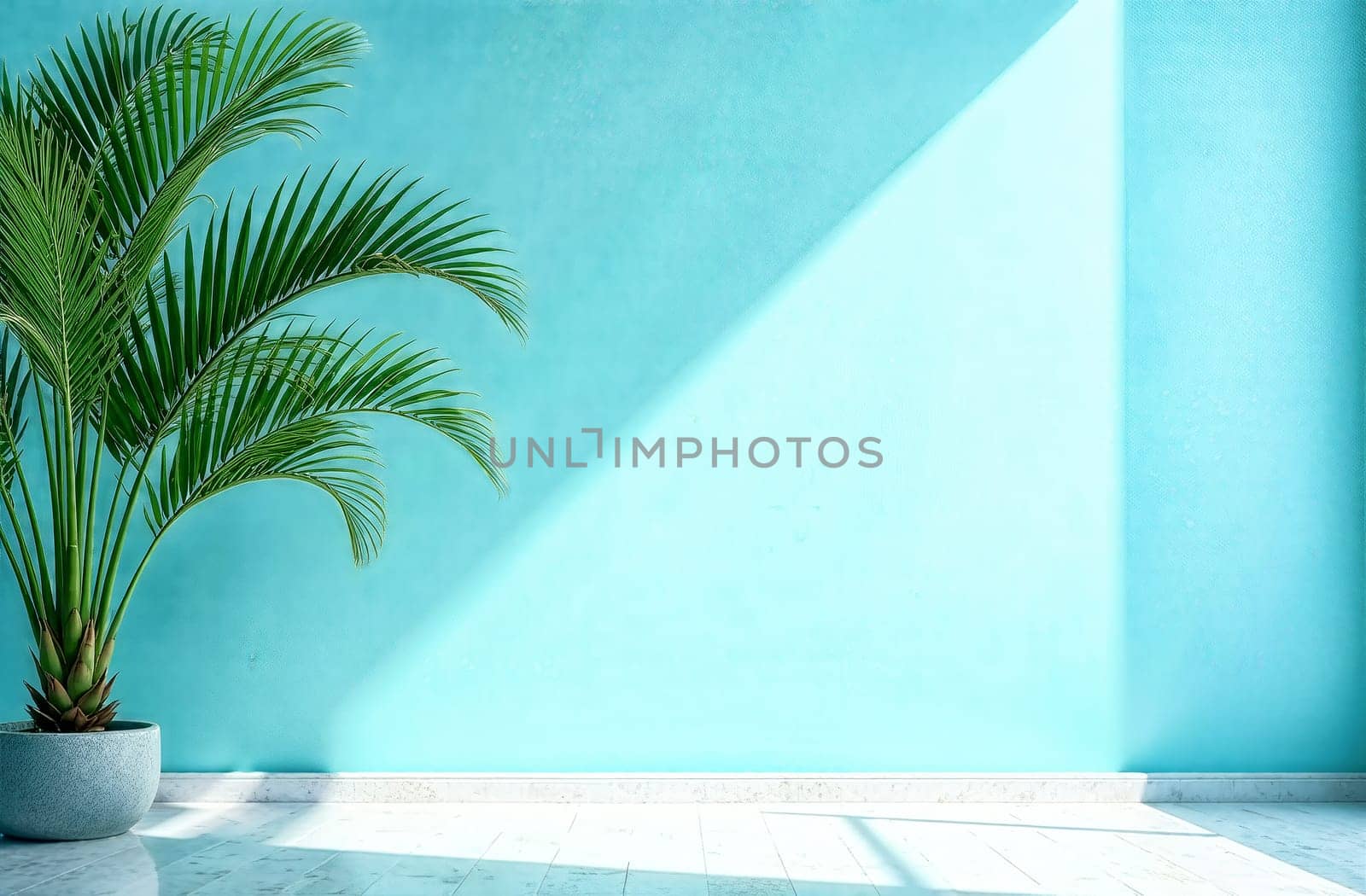 A serene interior featuring a vibrant teal wall with sunlight casting shadows, complemented by a lush potted palm in a sleek container.