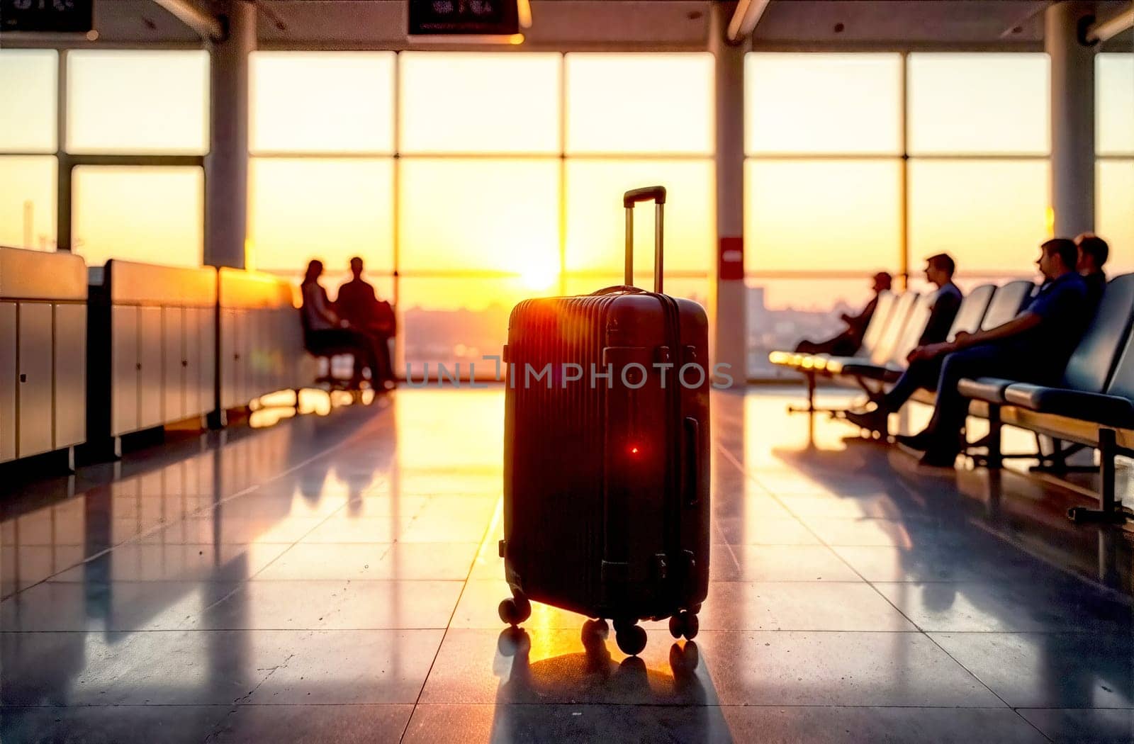 As the sun sets, travelers sit in an airport terminal, waiting with luggage, ready for their next adventure.